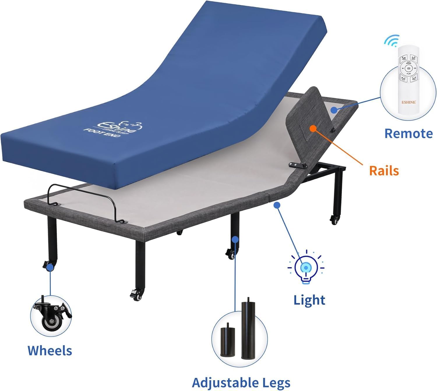 ESHINE Adjustable Bed with 6” Hospital Mattress - Adjustable Bed Frame with Bed Rails, Adjustable Heights with Wheels, Underbed Night Light, Wireless Remote, Head and Foot Inclined, Twin XL