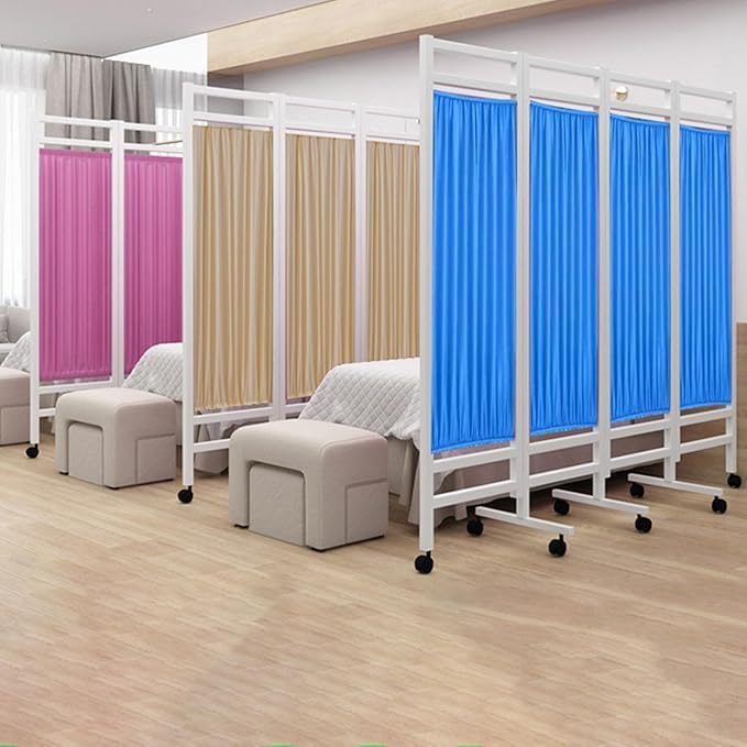 Metal Folding Privacy Screen for Medical Use, Portable Ward & Salon Partition with Wheels, Durable Iron Frame & Blue Nylon Fabric, Ideal for Health Clinics & Beauty Salons