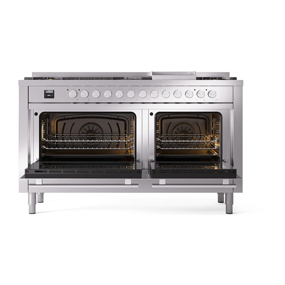 ILVE 60-inch Professional Plus II Dual Fuel Range with 9 Burners, Griddle, and Solid Door Oven in Stainless Steel (UP60FQMPSS)