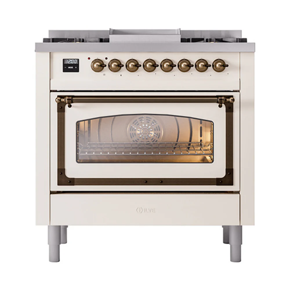 ILVE Nostalgie II Noblesse 36-Inch Dual Fuel Range and Triple Glass Door in Antique White with Bronze Trim (UN36FNMPAWB)
