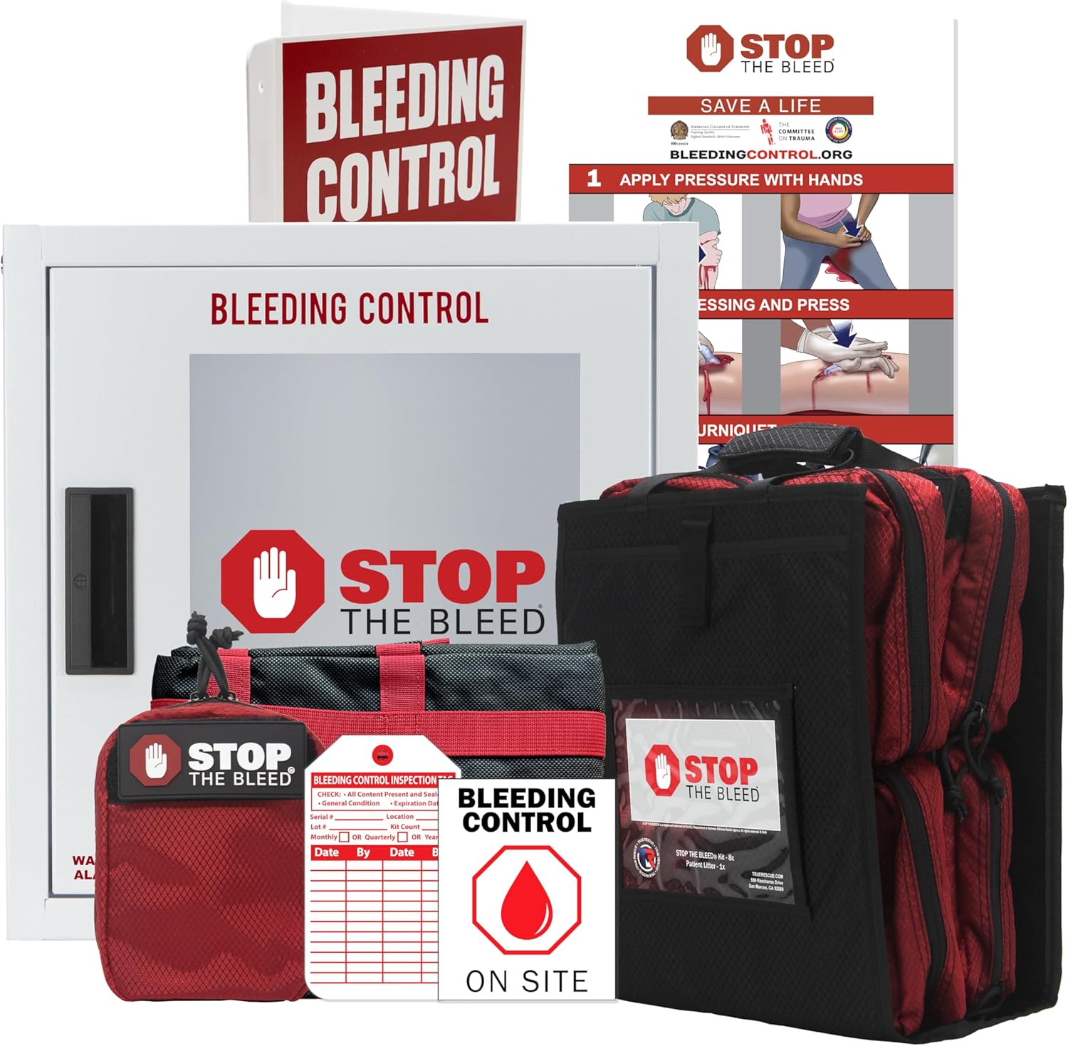 Stop The Bleed Kit for Schools with 8 Premium Kits, Alarmed Cabinet, 8-kit Carry Tote, Patient Transporter, 3D Wall Sign, Inspection Tag, OnSite Decal, and Instructional Poster