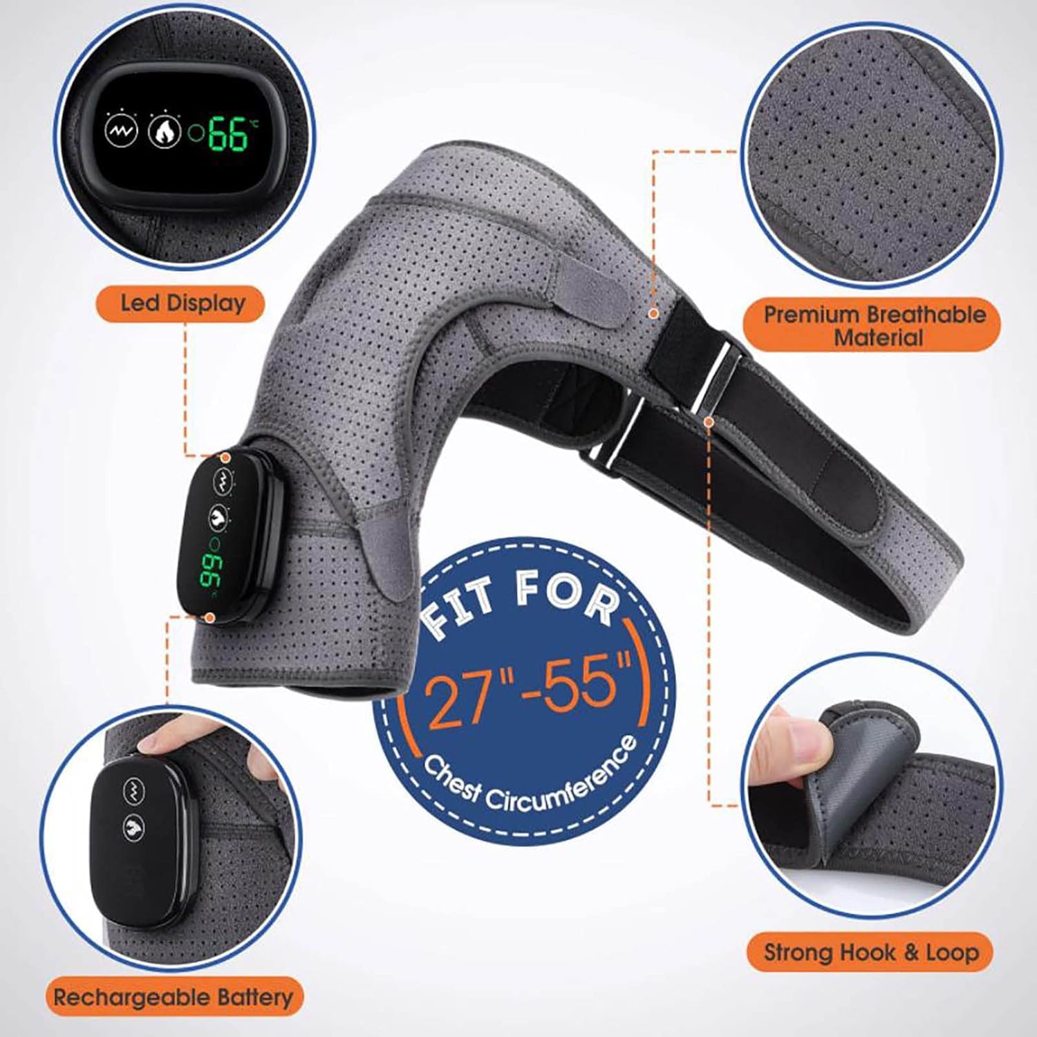 FoRes Brace Heat Therapy Shoulder Bandage Electric Shoulder Heating Pad Heated Shoulder Wrap With Massage LED Display 3 Levels Arthritis Pain Relief Health Care