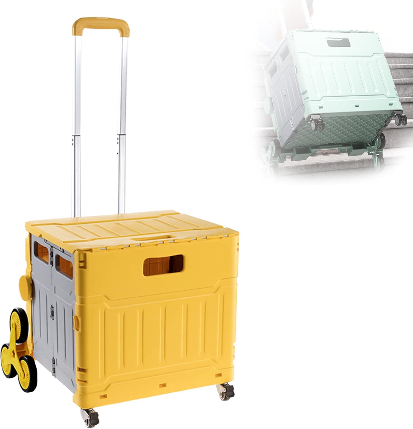 Folding Shopping Cart, Rolling Crate Stair Climber, Grocery Cart with Wheels Collapsible and Telescopic Handle Shopping Carts for Groceries Office Use Outdoor Picnic,Yellow-75L