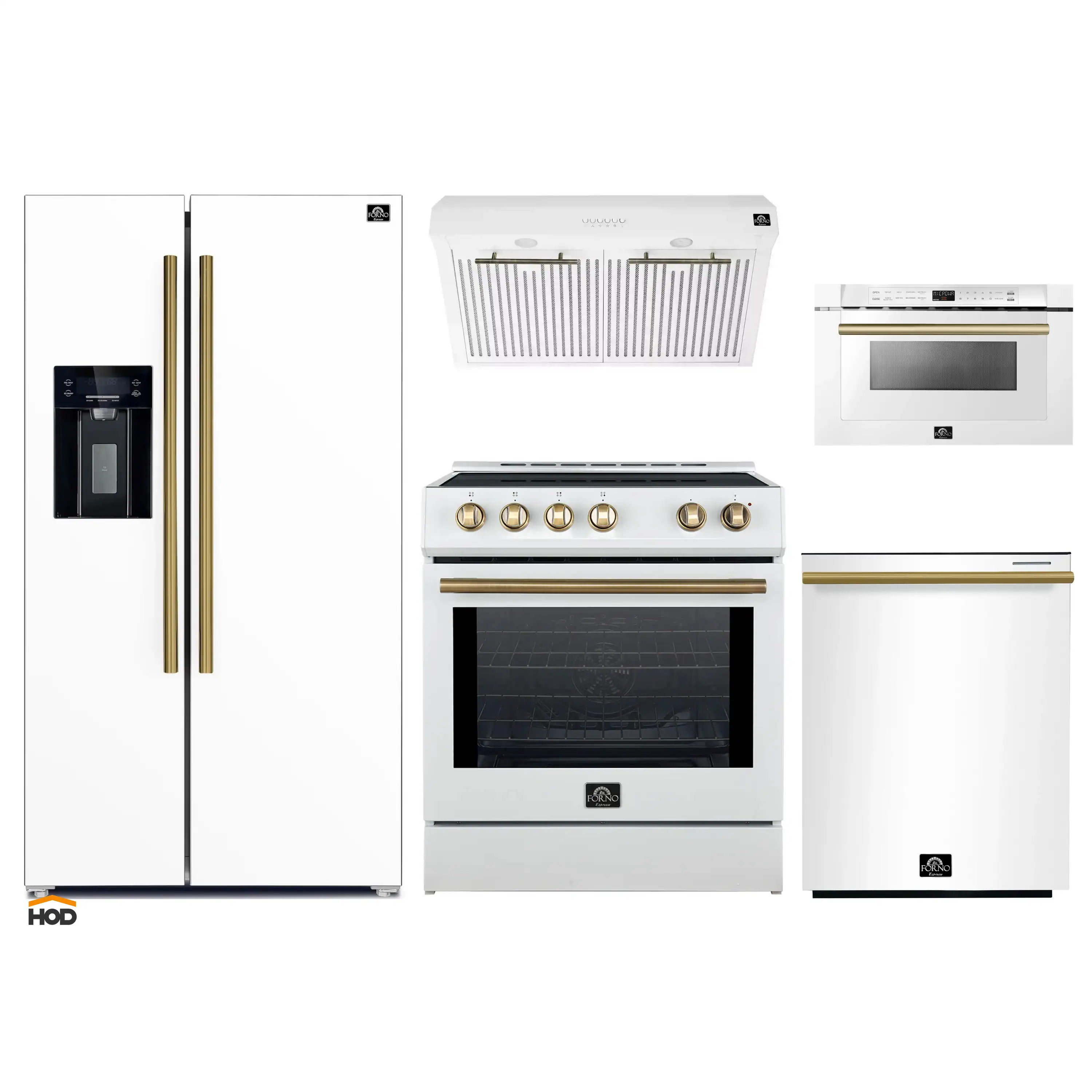 Forno 5-Piece Appliance Package - 30-Inch Induction Range, Under Cabinet Range Hood,  French Door Refrigerator with Water Dispenser, Dishwasher, and  Microwave Drawer in White with Antique Brass Trim