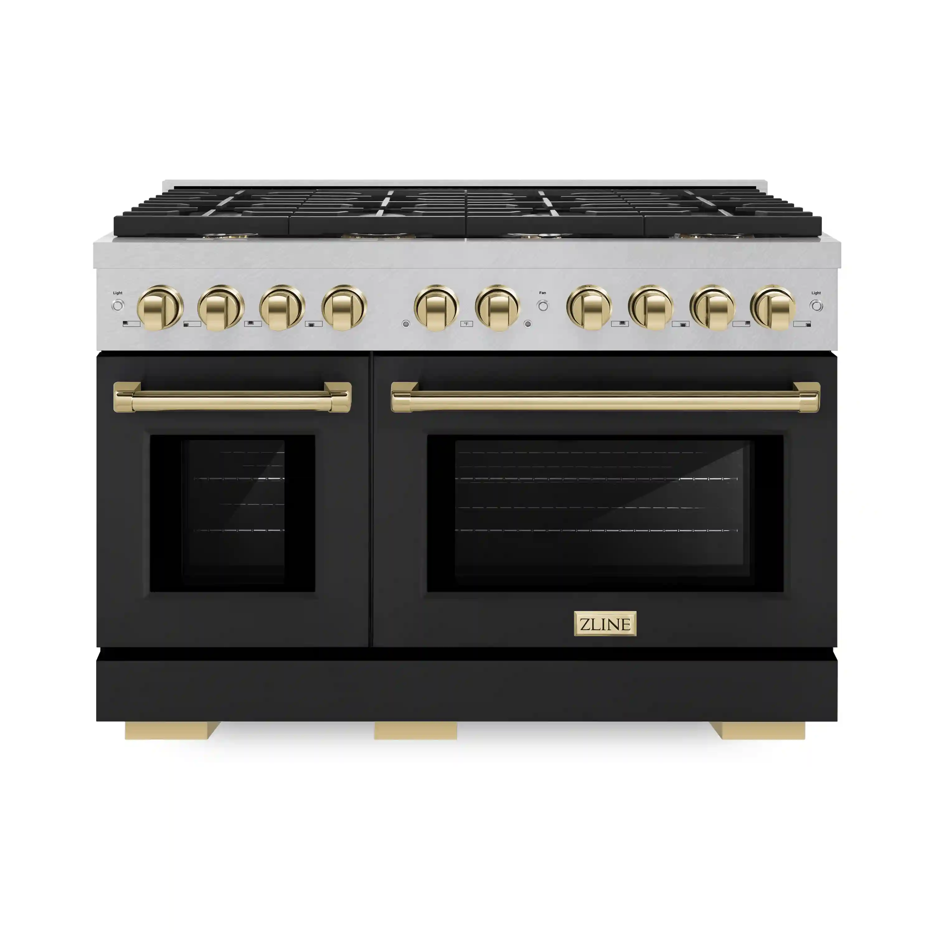 ZLINE Autograph Edition 48-Inch 6.7 cu. ft. Paramount Double Oven Dual Fuel Range with 8 Burner Gas Cooktop in Satin Stainless Steel with Black Matte Door and Polished Gold Accents (SDRSZ-BLM-48-G)