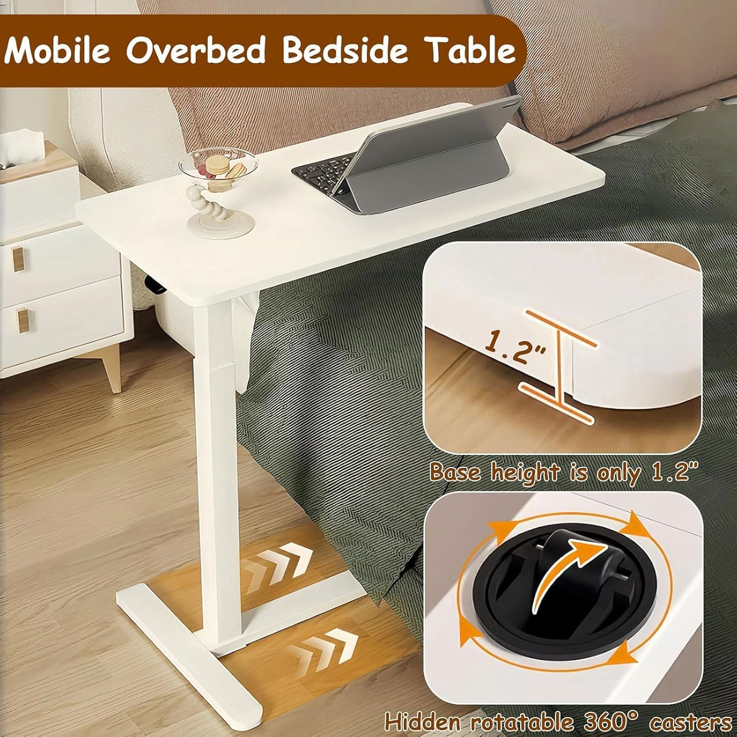 Overbed Bedside Table with Hidden Wheels, Pneumatic Adjustable Height, Foldable Mobile Desk for Hospital and Home Use, Rolling Computer Cart
