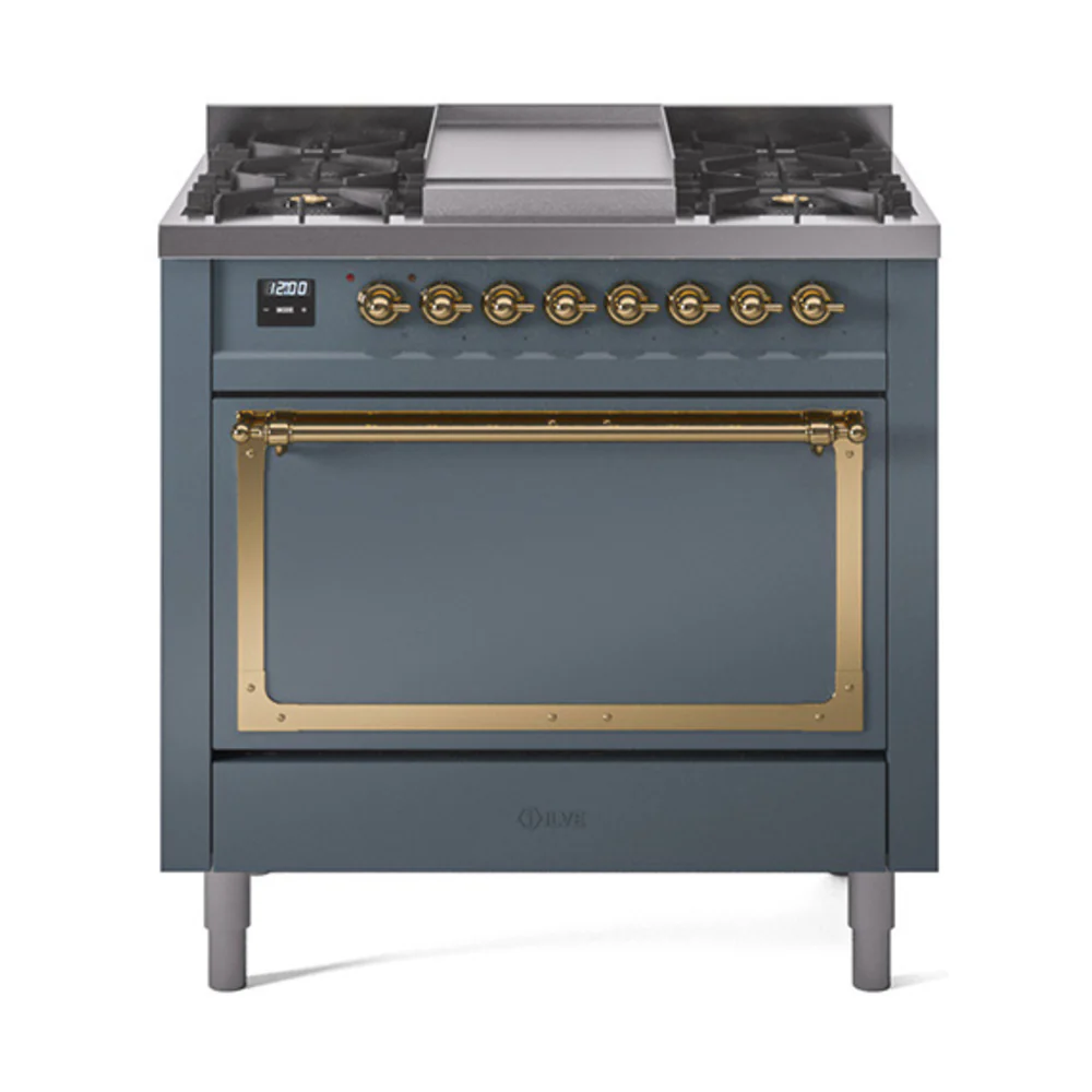 ILVE Nostalgie II Noblesse 36-Inch Dual Fuel Range and Solid Door Oven in Blue Grey with Brass Trim (UN36FQNMPBGG)