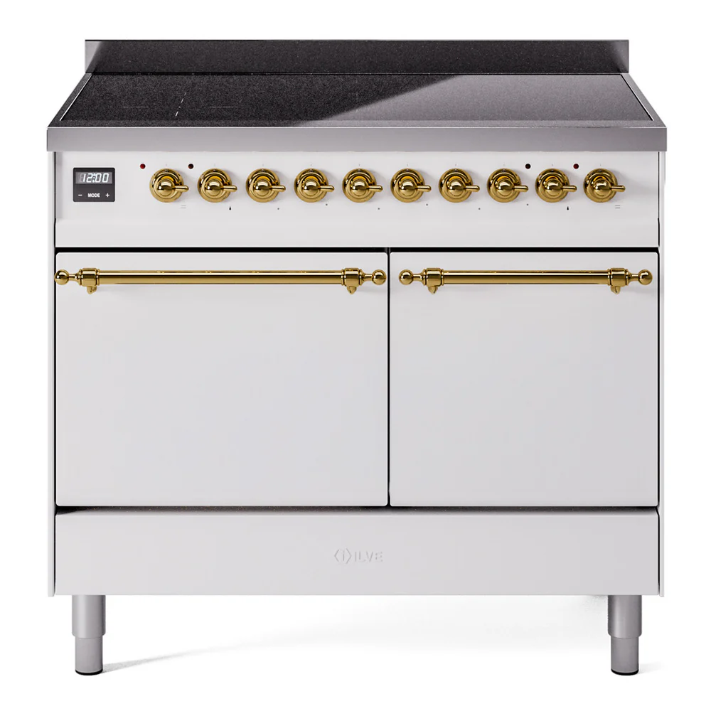 ILVE 40-Inch Nostalgie II Induction Range with Solid Door Oven in White with Brass Trim (UPDI406QNMPWHG)
