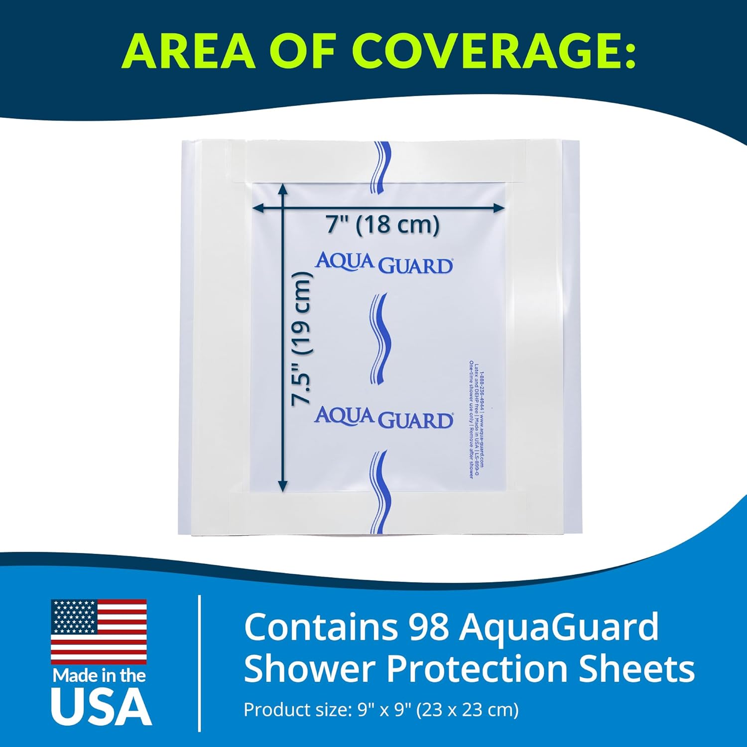 TIDI 50015-CSE AquaGuard Sheet – 9” x 9” – (Area of Coverage: 7” x 7.5”) – Shower Protection Sheet – Self-Adhesive Moisture Barrier – Wound Cover for Showering – 98 Sheets – Home Medical Supplies
