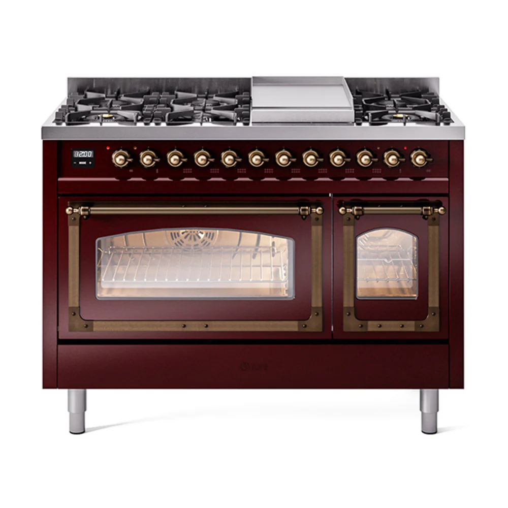 ILVE Nostalgie II Noblesse 48-Inch Dual Fuel Freestanding Range in Burgudy with Bronze Trim (UN48FNMPBUB)