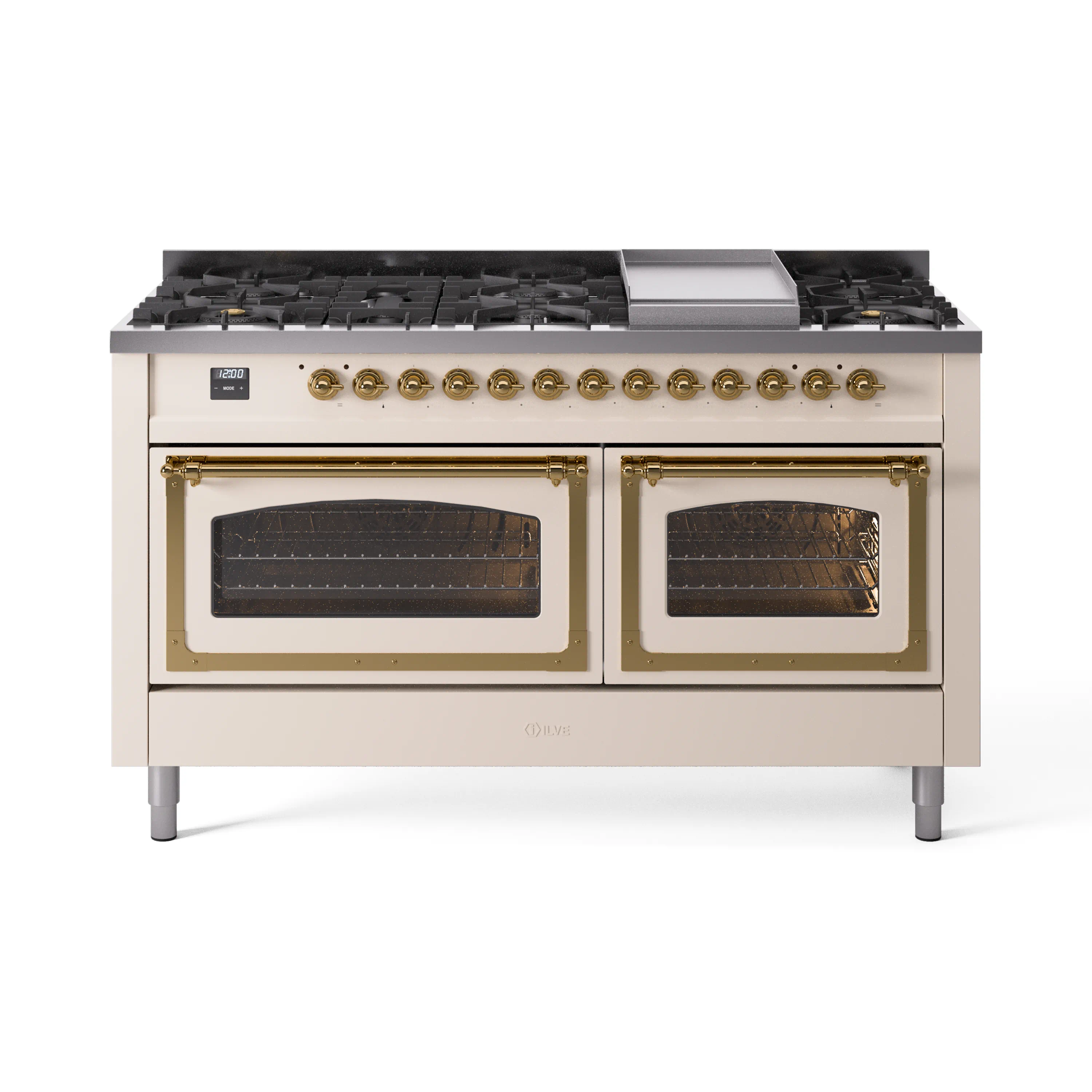 ILVE 60-Inch Nostalgie II Noblesse Dual Fuel Range with 9 Sealed Burners, Griddle, Triple Glass Door Oven in Antique White with Brass Trim (UN60FNMPAWG)