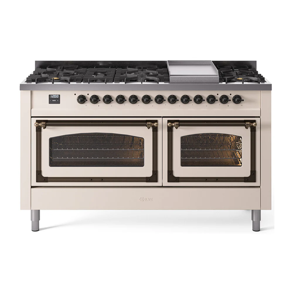 ILVE 60-Inch Nostalgie II Noblesse Dual Fuel Range with 9 Sealed Burners, Griddle, Triple Glass Door Oven in Antique White with Bronze Trim (UN60FNMPAWB)