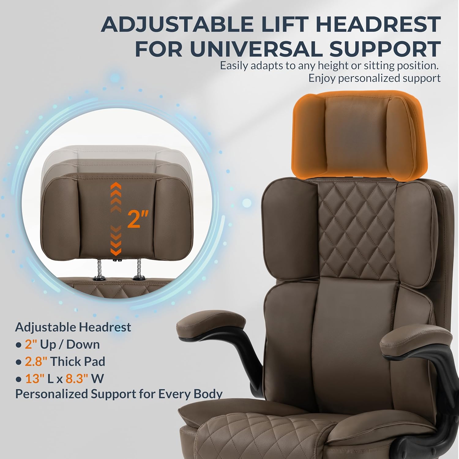 Leather Office Chair with Adjustable Headrest, Padded Flip-Up Armrests, Executive Home Office Desk Chairs with Ergonomic Back Support, Swivel Rolling Computer Chair for Work, Study, Brown