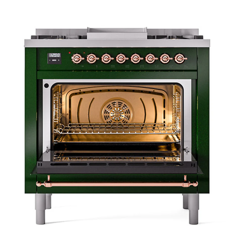 ILVE 36-Inch Nostalgie II Dual Fuel Range with 6 Burners and Solid Door Oven in Emerald Green with Copper Trim (UP36FQNMPEGP)