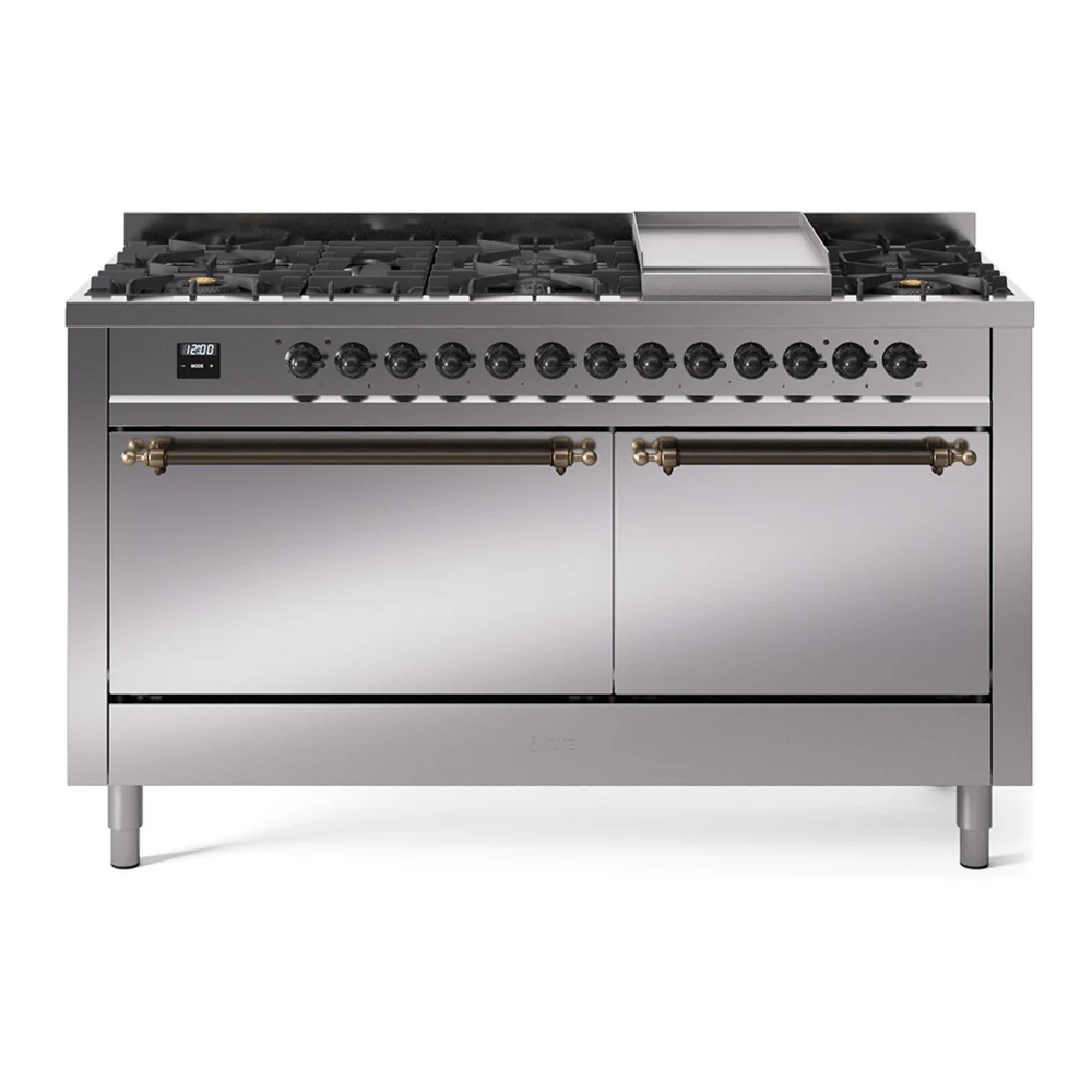 ILVE 60-Inch Nostalgie II Dual Fuel Range with 9 Burners, Griddle, and Solid Door Oven in Stainless Steel with Bronze Trim (UP60FQNMPSSB)