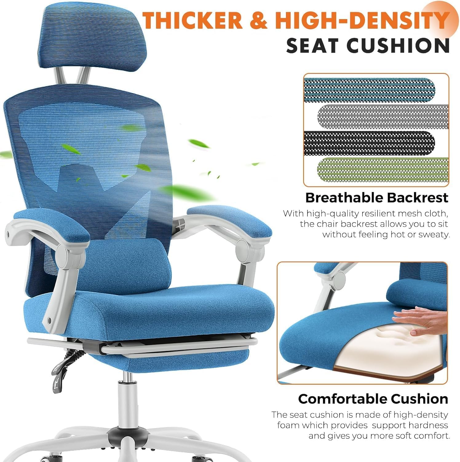 Sweetcrispy Office Computer Desk Chair Set of 2, Ergonomic High-Back Mesh Rolling Work Swivel Chairs with Wheels, Comfortable Lumbar Support, Comfy Arms for Home, Bedroom, Study, Student, Blue