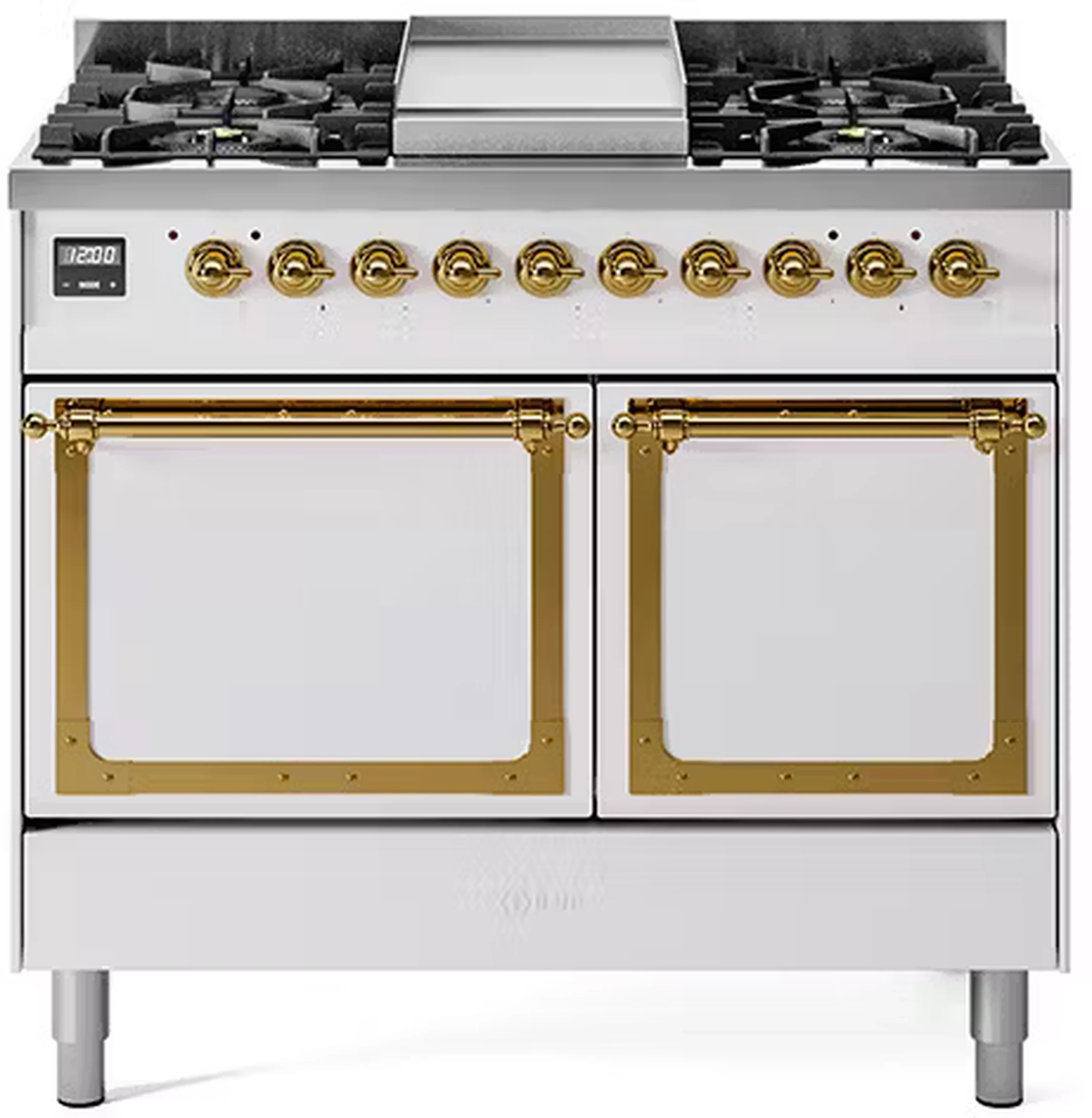 ILVE 40-Inch Nostalgie II Noblesse Dual Fuel Range with Solid Door Oven in White with Brass Trim (UND40FQNMPWHG)