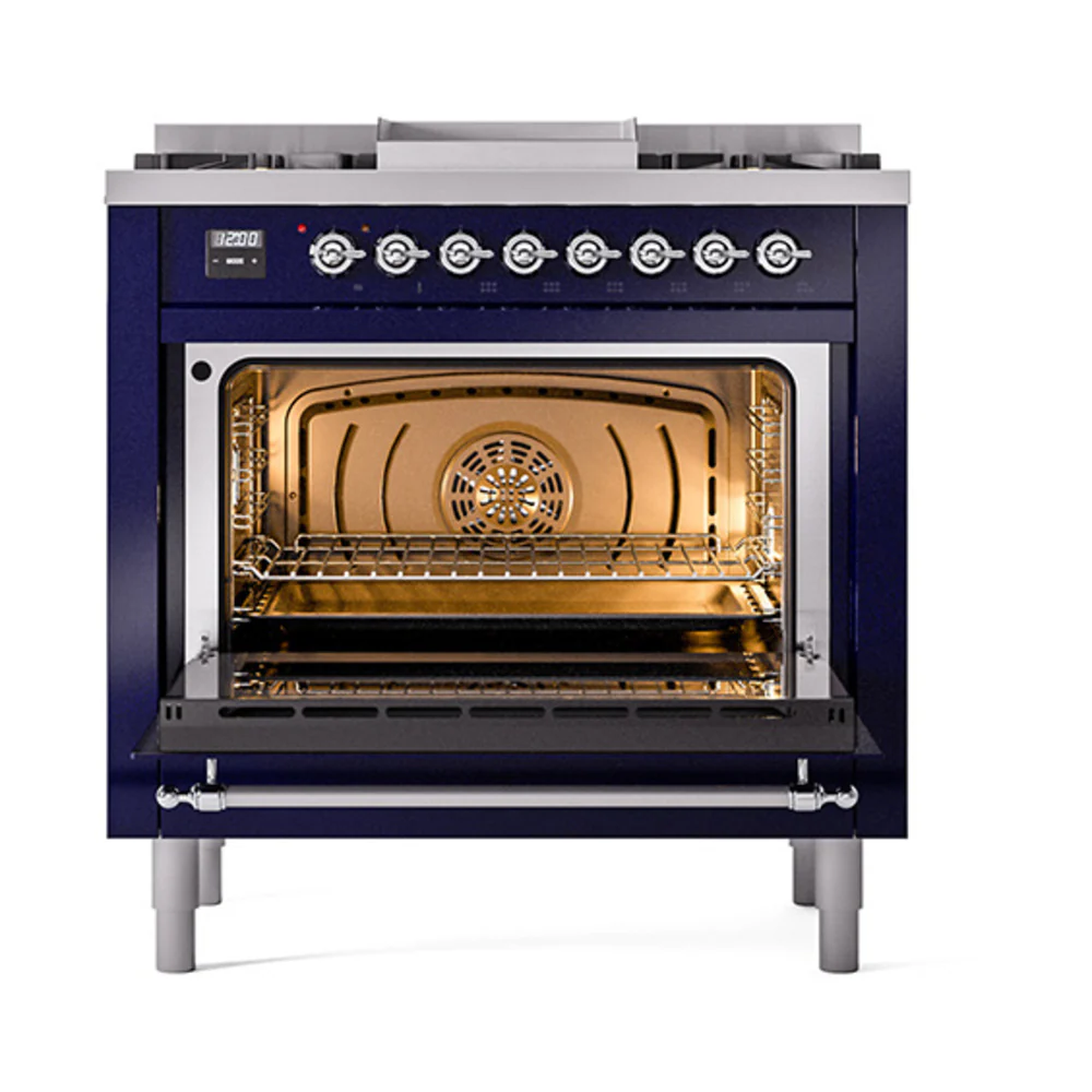 ILVE 36-Inch Nostalgie II Dual Fuel Range with 6 Burners and Solid Door Oven in Midnight Blue with Chrome Trim (UP36FQNMPMBC)