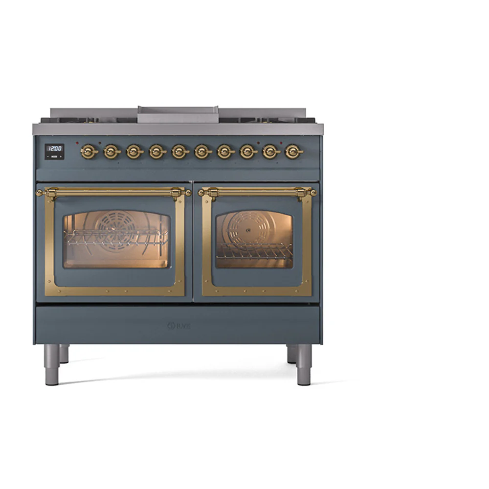 ILVE 40-Inch Nostalgie II Noblesse Dual Fuel Range with Triple Glass Door Oven in Blue Grey with Brass Trim (UND40FNMPBGG)
