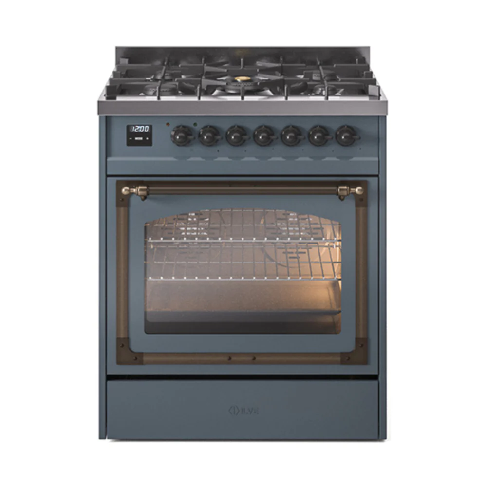 ILVE Nostalgie II Noblesse 30-Inch Dual Fuel Range with Triple Glass Door in Blue Grey with Bronze Trim (UN30NMPBGB)