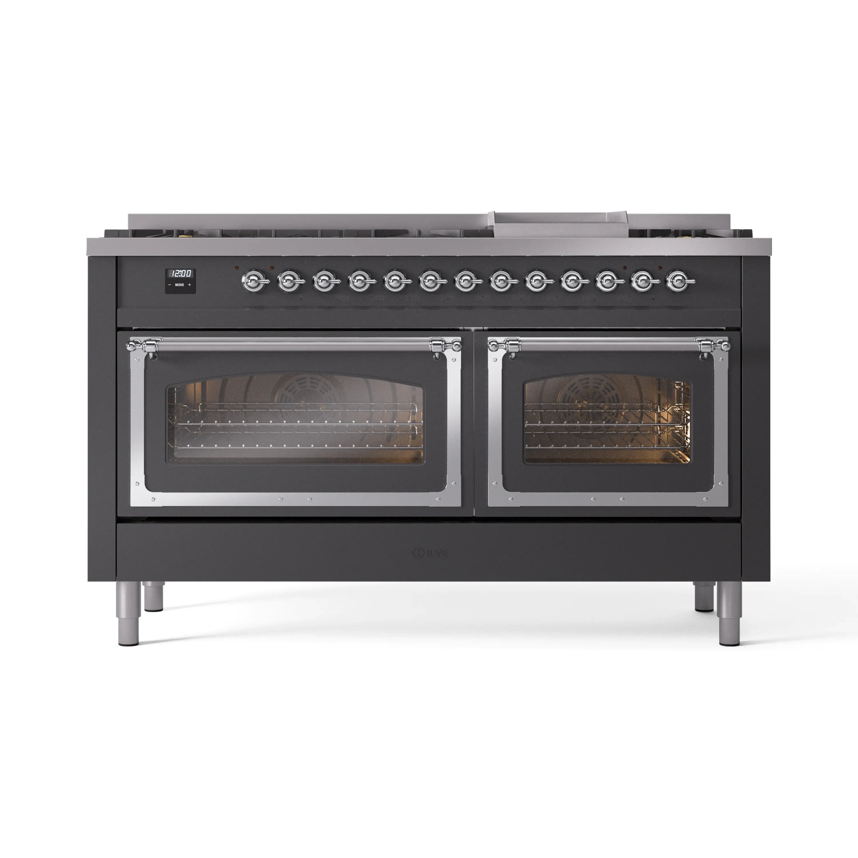 ILVE 60-Inch Nostalgie II Noblesse Dual Fuel Range with 9 Sealed Burners, Griddle, Triple Glass Door Oven in Matte Graphite with Chrome Trim (UN60FNMPMGC)