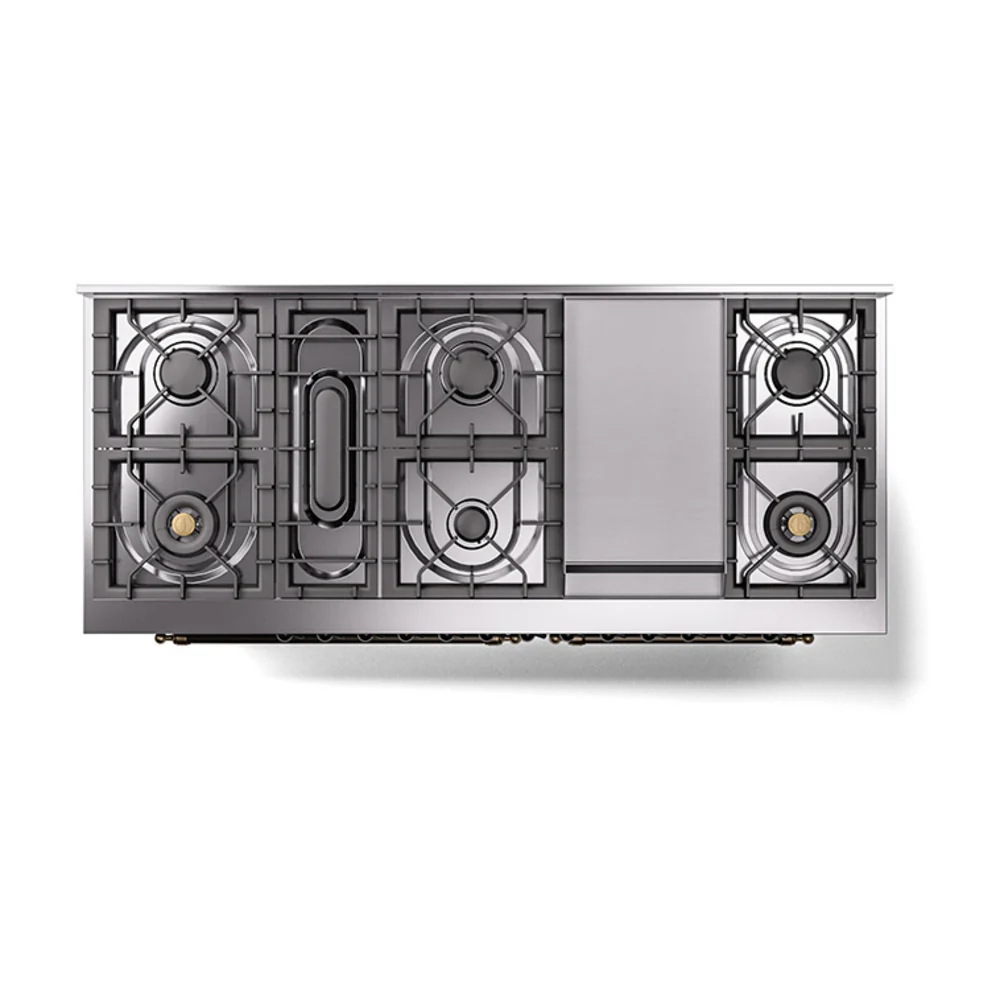 ILVE 60-Inch Nostalgie II Dual Fuel Range with 9 Burners, Griddle and Solid Door Oven in Emerald Green with Bronze Trim (UP60FQNMPEGB)