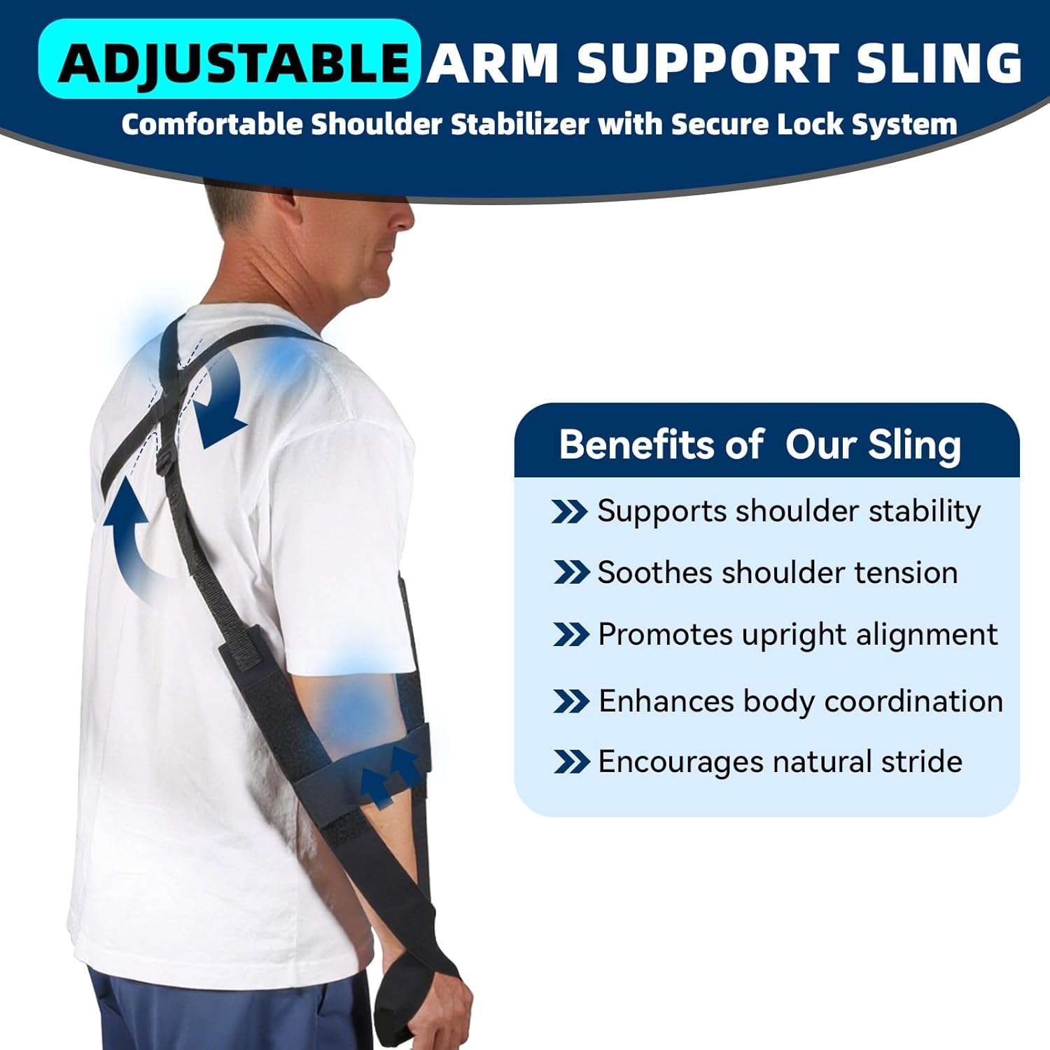 5702957 Arm Sling, Adjustable shoulder Strap with 4-Lab Lock, Breathable fabric for All-Day Comfortable, Black (Large: Height 5'10