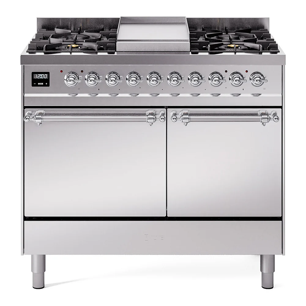 ILVE 40-Inch Nostalgie II Dual Fuel Range with 6 Burners, Griddle and Solid Door Oven in Stainless Steel with Chrome Trim (UPD40FQNMPSSC)