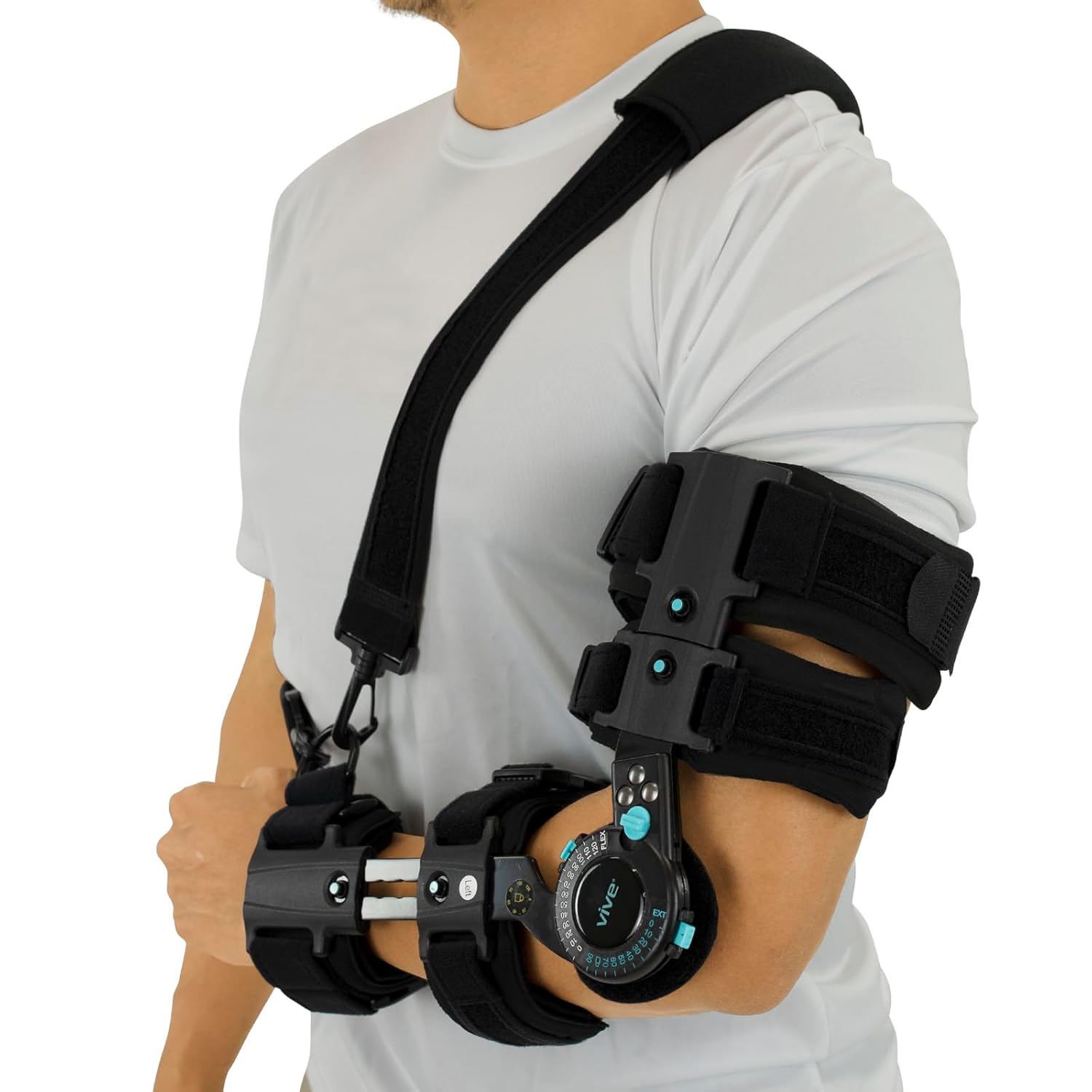 Vive Hinged ROM Elbow Brace (Fits Left) - Range of Motion Support Sling Stabilizer for Dislocated Arm - Adjustable Splint & Shoulder Strap - Post Tendon Injury & Surgery Pain Relief Recovery