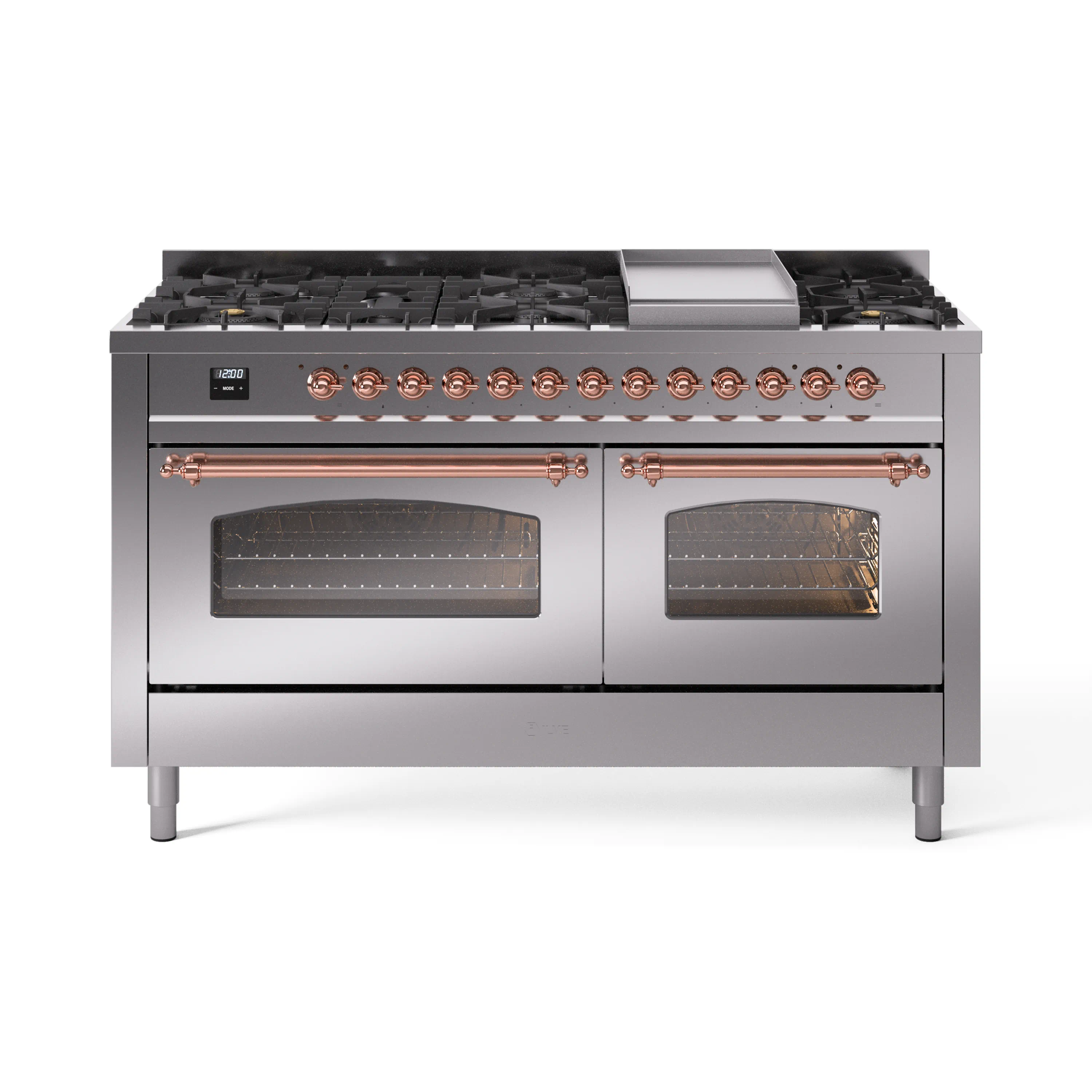 ILVE 60-Inch Nostalgie II Dual Fuel Range with 9 Burners, Griddle and Triple Glass Door Oven in Stainless Steel with Copper Trim (UP60FNMPSSP)