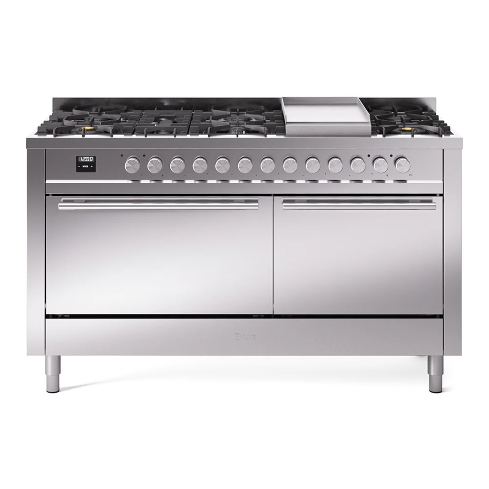 ILVE 60-inch Professional Plus II Dual Fuel Range with 9 Burners, Griddle, and Solid Door Oven in Stainless Steel (UP60FQMPSS)