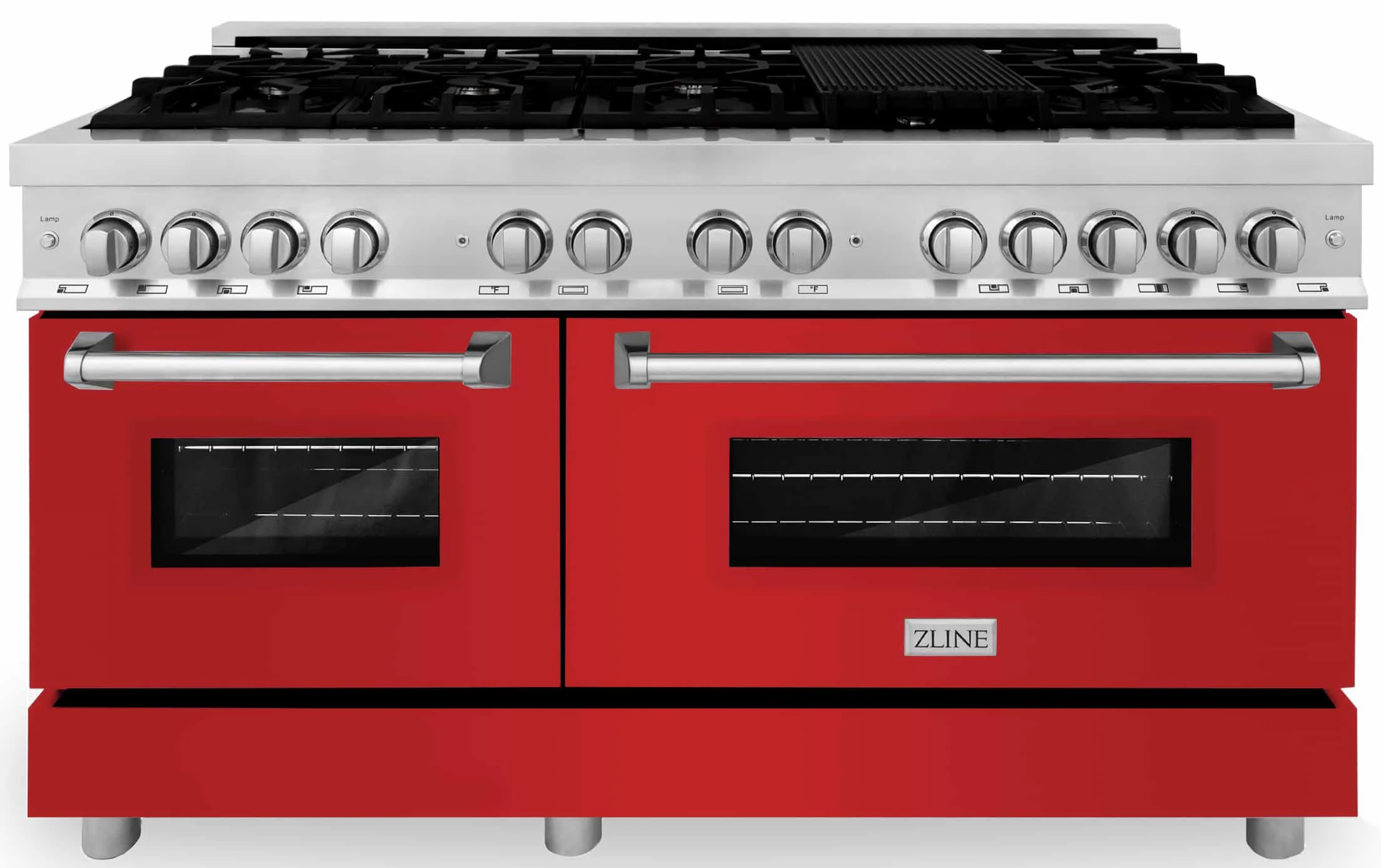 ZLINE 60-inch Legacy Series Dual Fuel Range with 9 Gas Burner Stove and 7.4 Cu. Ft. Electric Oven in Stainless Steel and Red Matte Door (RA-RM-60)