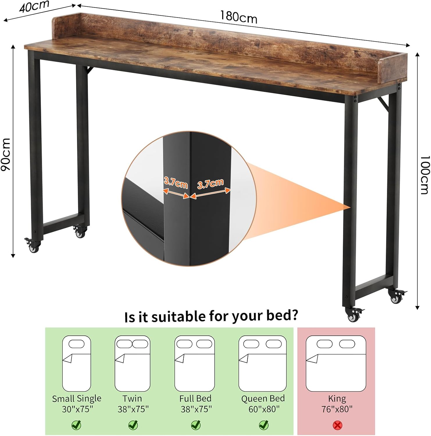 Arlopu Overbed Table with 360° Wheels, Queen Size Mobile Bed Desk with Heavy Duty Metal Leg, Sturdy Laptop Cart & Dining Table for Bedroom, Living Room, Hospital Use (Brown)