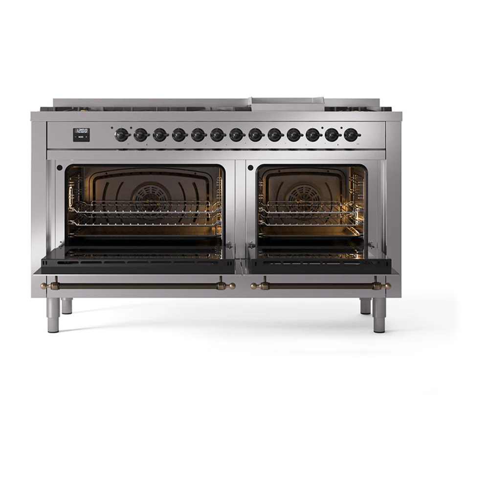 ILVE 60-Inch Nostalgie II Noblesse Dual Fuel Range with 9 Sealed Burners, Griddle, and Solid Door Oven in Stainless Steel with Bronze Trim (UN60FQNMPSSB)