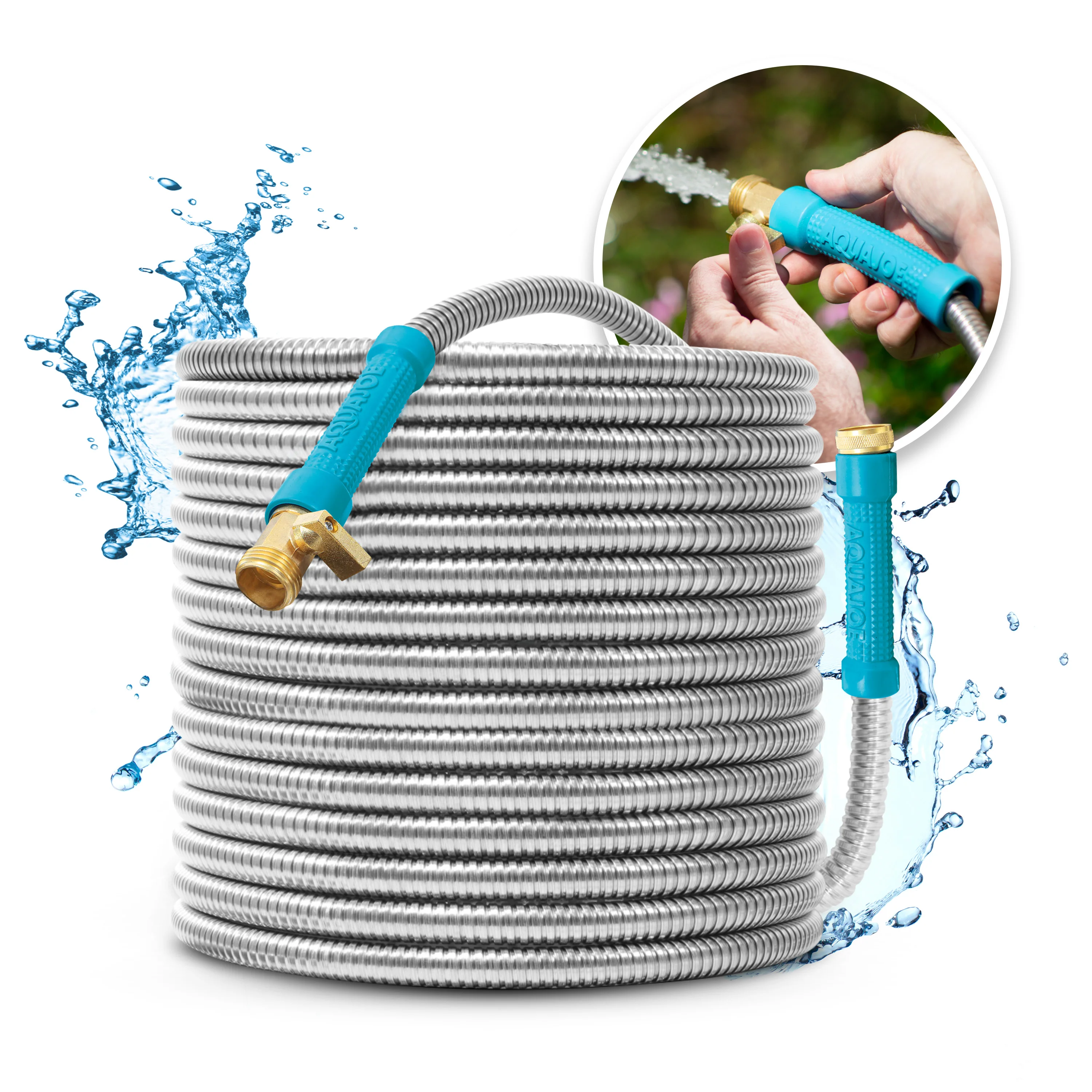 Aqua Joe AJSGH100-MAX Heavy-Duty Puncture Proof Garden Hose | 100-Foot | 1/2-Inch | w/ Brass Fitting & On/Off Valve | Spiral Constructed 304-Stainless Steel Metal