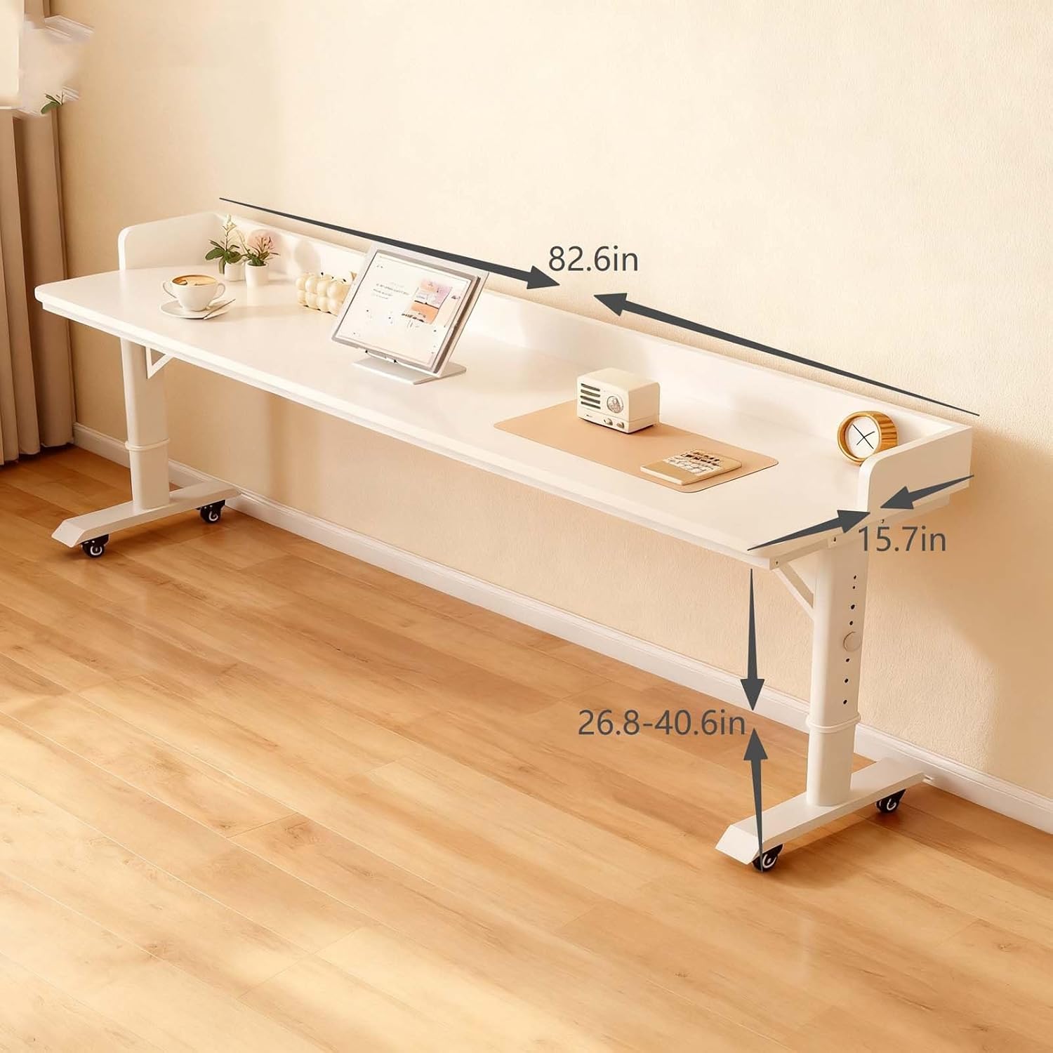 Adjustable Height Over Bed Desk with Wheels - Rolling Laptop Cart for Bedroom Work, Study, Fits King & Queen Size Beds(210x40CM)