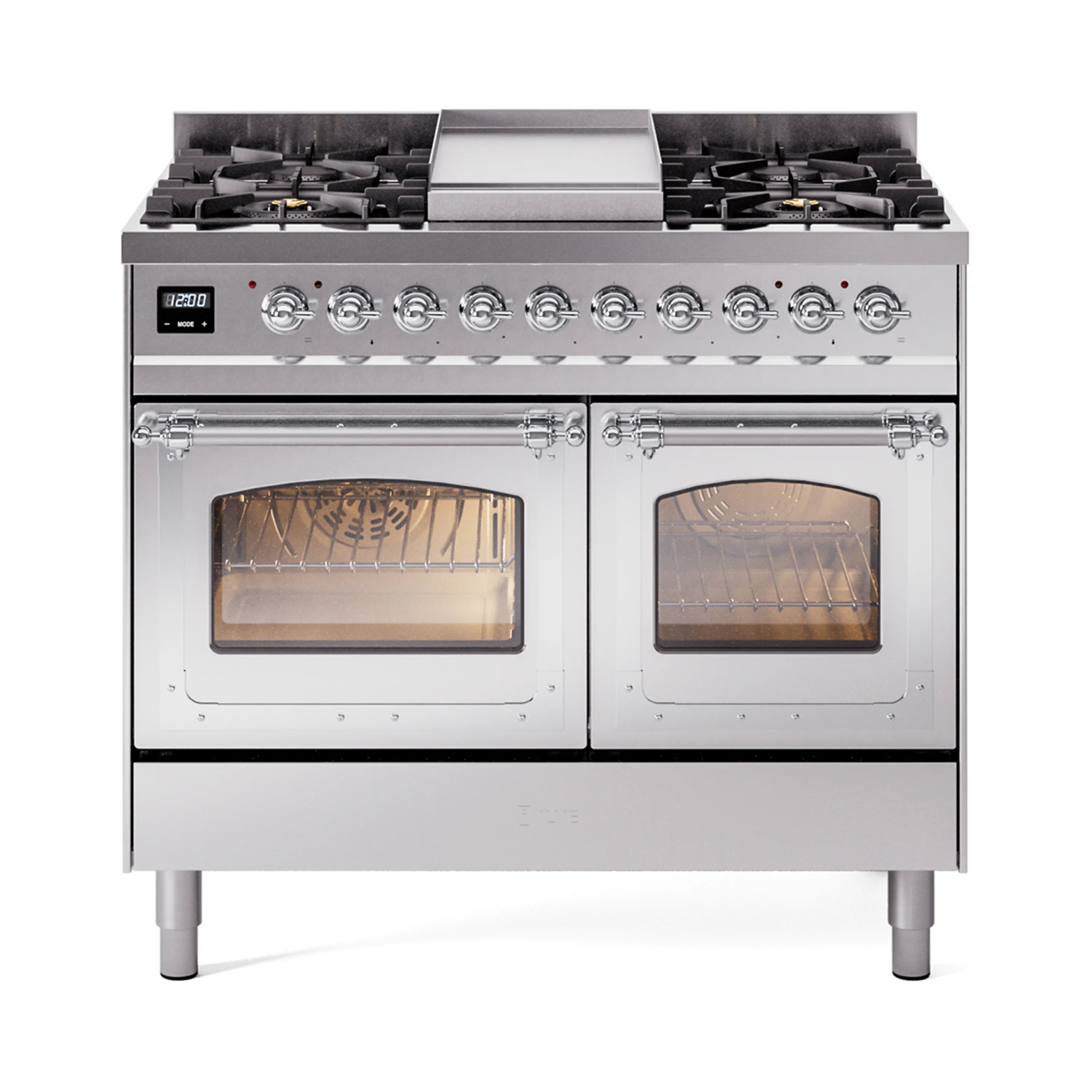 ILVE 40-Inch Nostalgie II Noblesse Dual Fuel Range with Triple Glass Door Oven in Stainless Steel with Chrome Trim (UND40FNMPSSC)