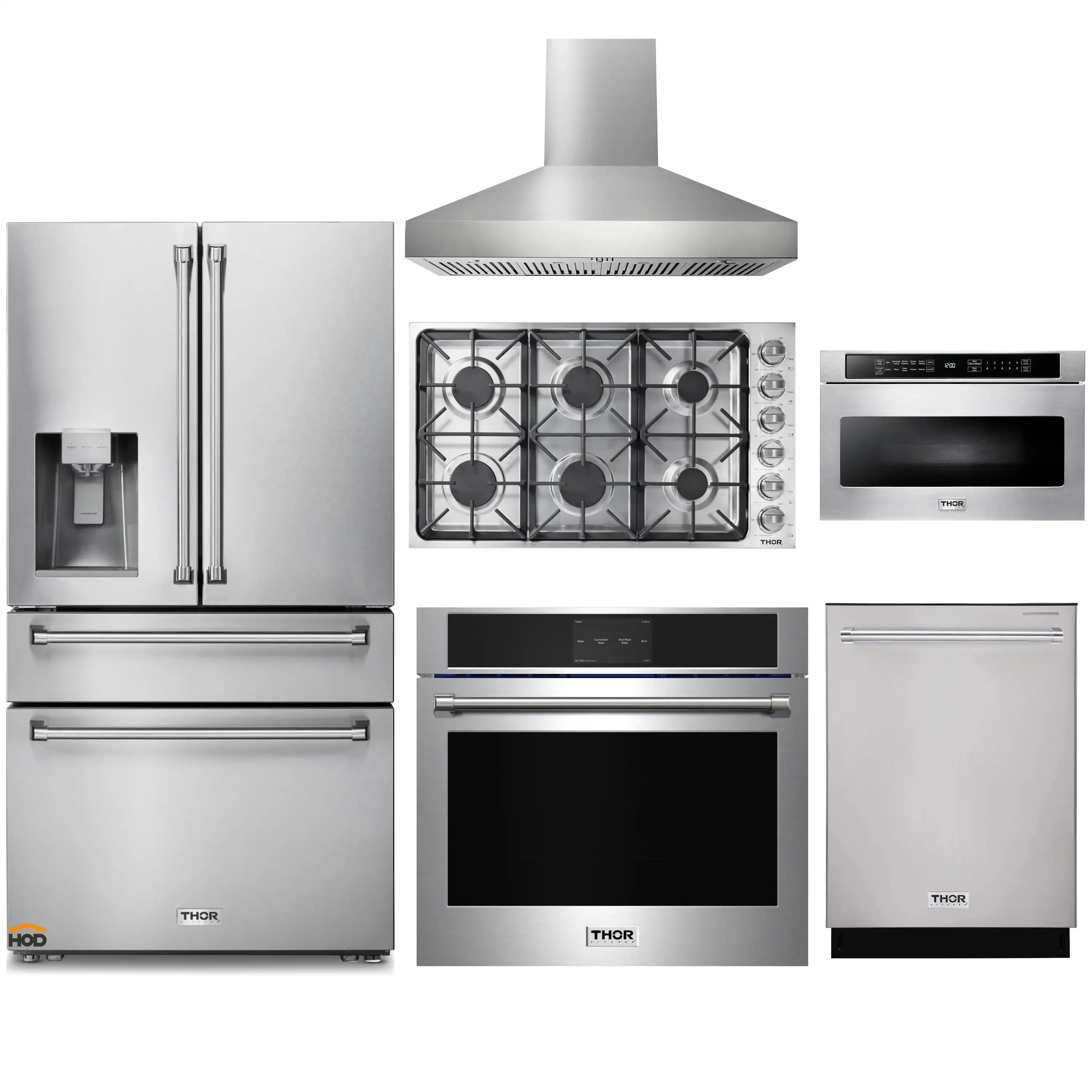 Thor Kitchen 6-Piece Pro Appliance Package - 36-Inch Gas Cooktop, Electric Wall Oven, Pro-Style Wall Mount Hood, Refrigerator with Water Dispenser, Dishwasher & Microwave Drawer in Stainless Steel