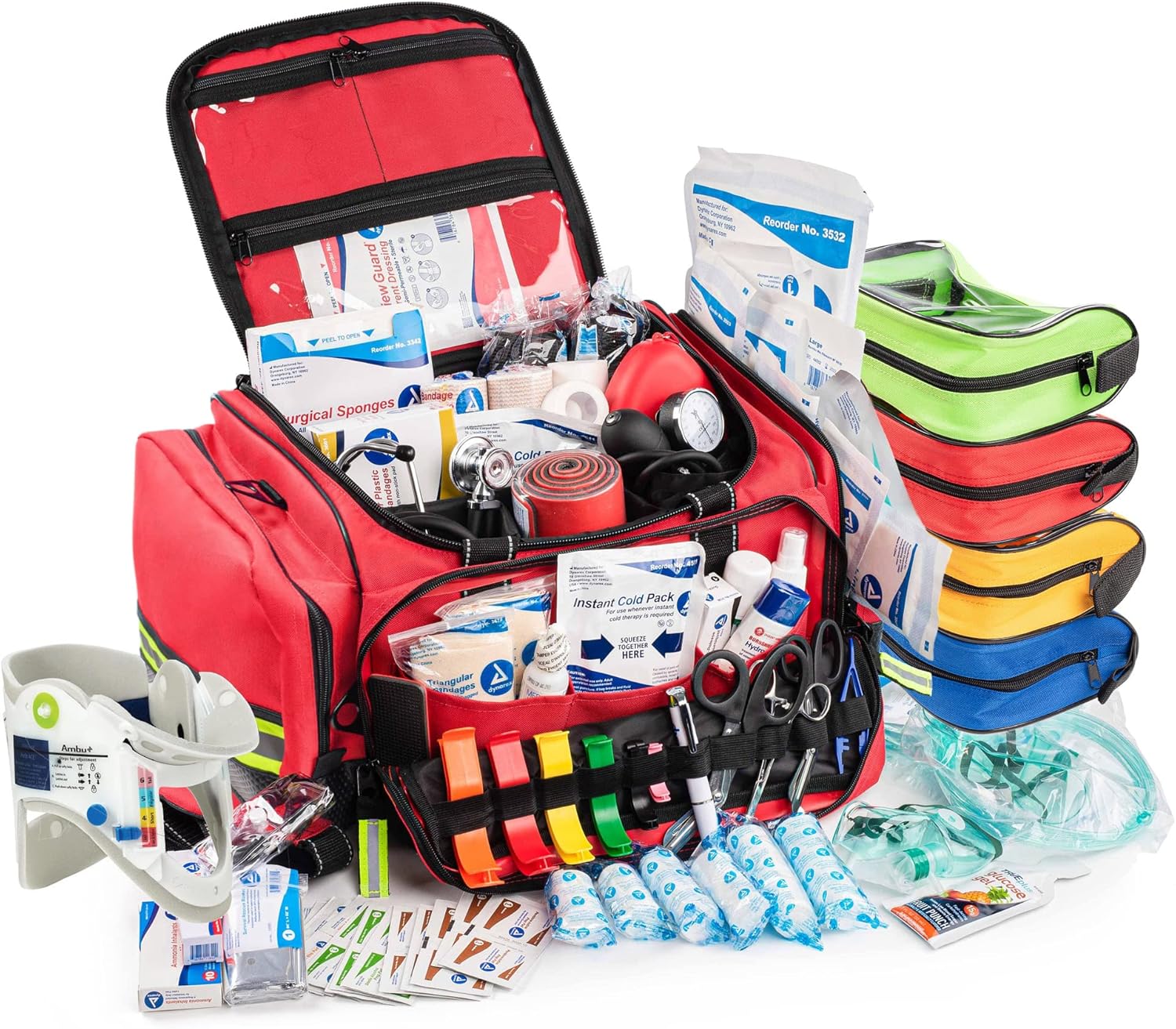 Scherber Fully-Stocked First Responder Professional Advanced EMT/EMS Trauma Kit | HSA/FSA Approved | Reflective Bag w/10+ Compartments, Zippered Pockets & 250+ First Aid Supplies (Red)