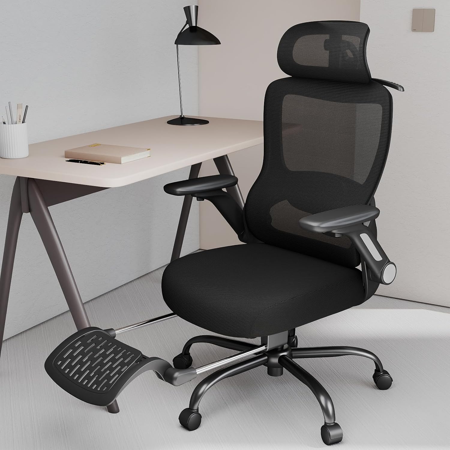 ZZH Ergonomic Office Chair with Footrest, High-Back Home Desk Chair with Adjustable Lumbar Support, Headrest, Flip-Up Arms, 90-135° Tilt Lock, and Wide Cushion, Big and Tall Mesh Computer Seating