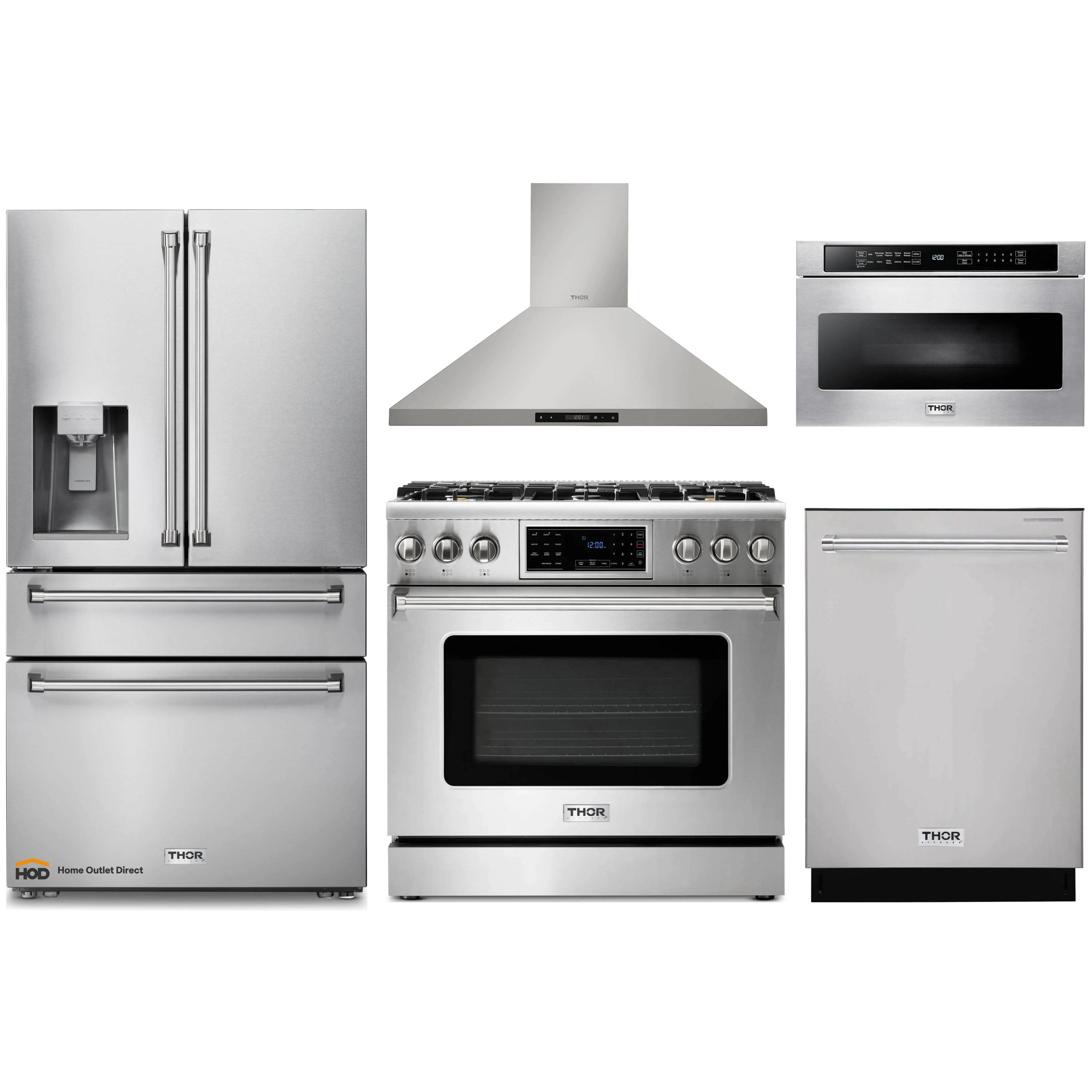 Thor Kitchen 5-Piece Appliance Package - 36-Inch Propane Gas Range, Tilt Panel, Refrigerator with Water Dispenser, Wall Mount Hood, Dishwasher, & Microwave Drawer in Stainless Steel