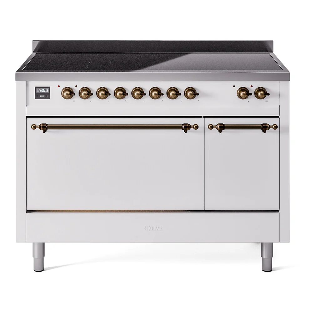 ILVE 48-Inch Nostalgie II Induction Range with Solid Door Oven in Stainless Steel with White with Bronze Trim (UPI486QNMPWHB)