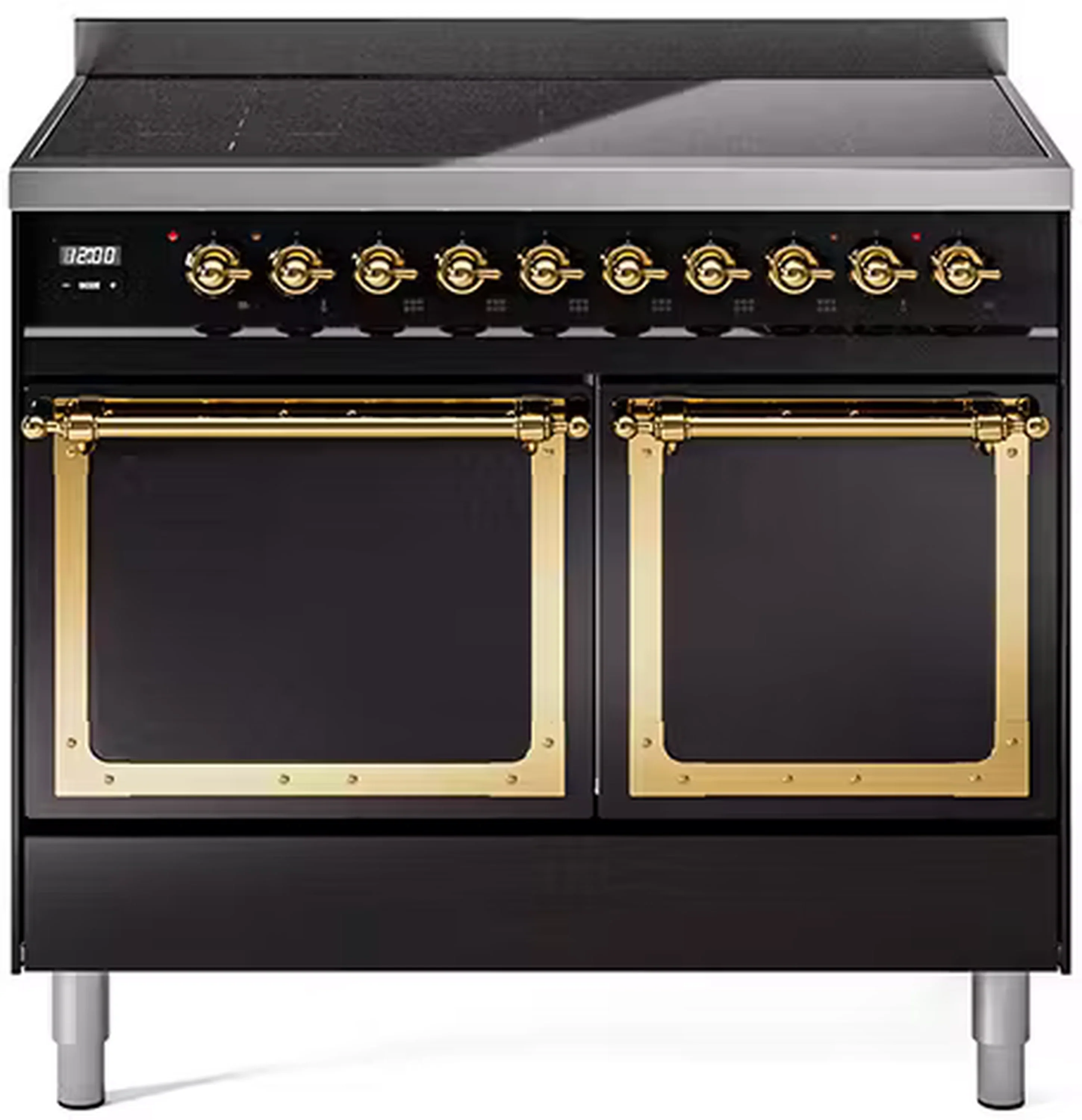 ILVE 40-Inch Nostalgie II Noblesse Induction Range with Solid Door Oven in Glossy Black with Brass Trim (UNDI406QNMPBKG)
