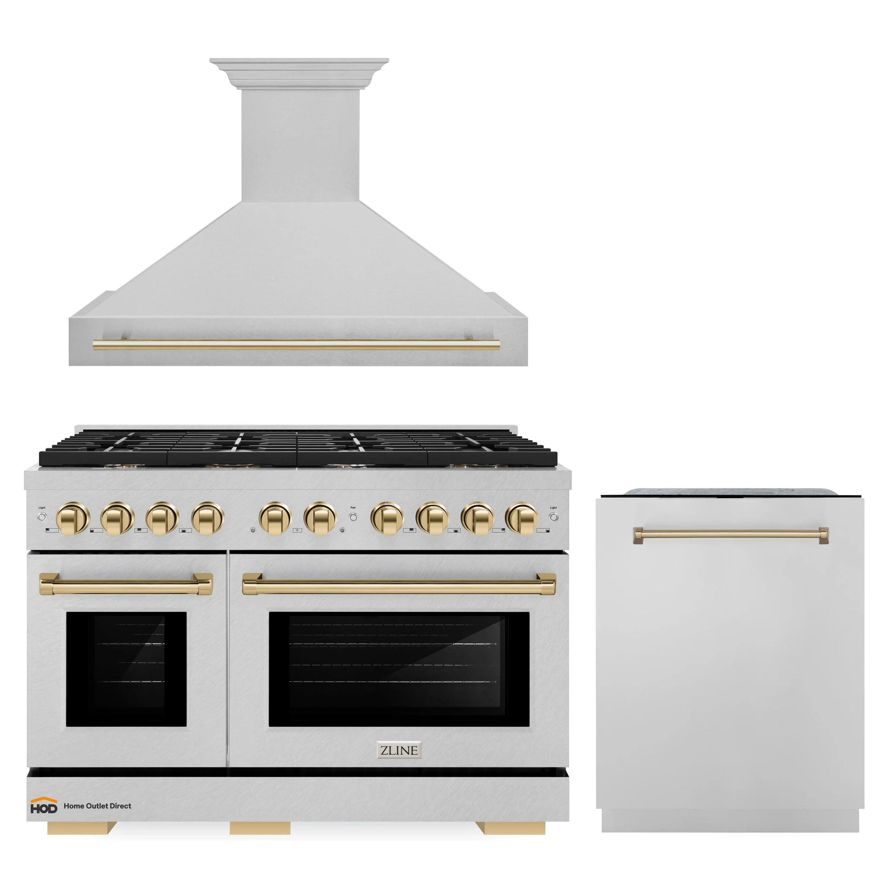 ZLINE 48-Inch Autograph Edition Kitchen Package with Satin Stainless Steel Gas Range, Wall Mount Range Hood and Dishwasher with Gold Accents (3AKPR-SGRSRHDWM48-G)