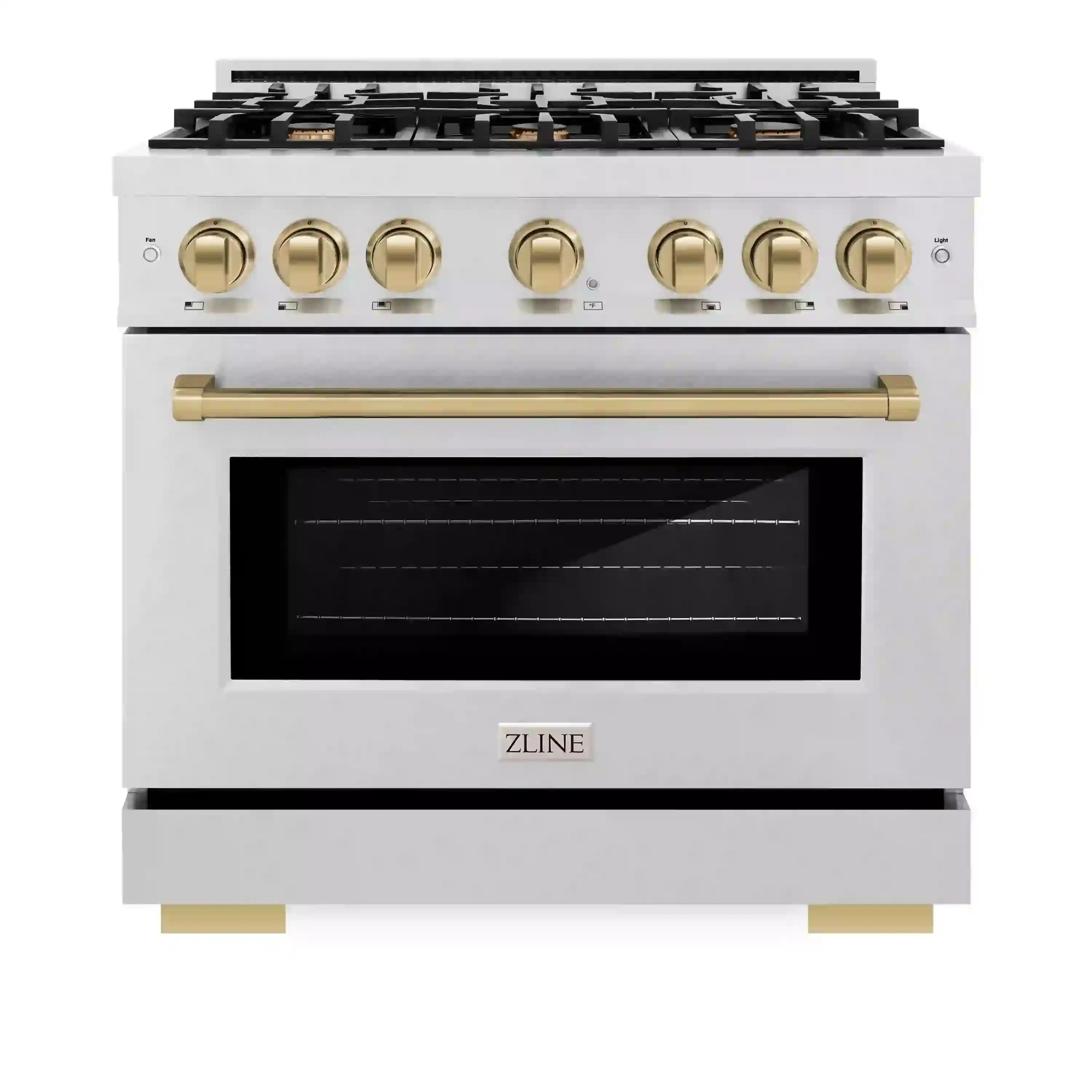 ZLINE Autograph Edition 36-Inch Select Series Dual Fuel Range with 6 Gas Burner Cooktop and 5.2 Cu. Ft. Electric Convection Oven in Satin Stainless Steel with Champagne Bronze Accents (HDRSZ-36-CB)