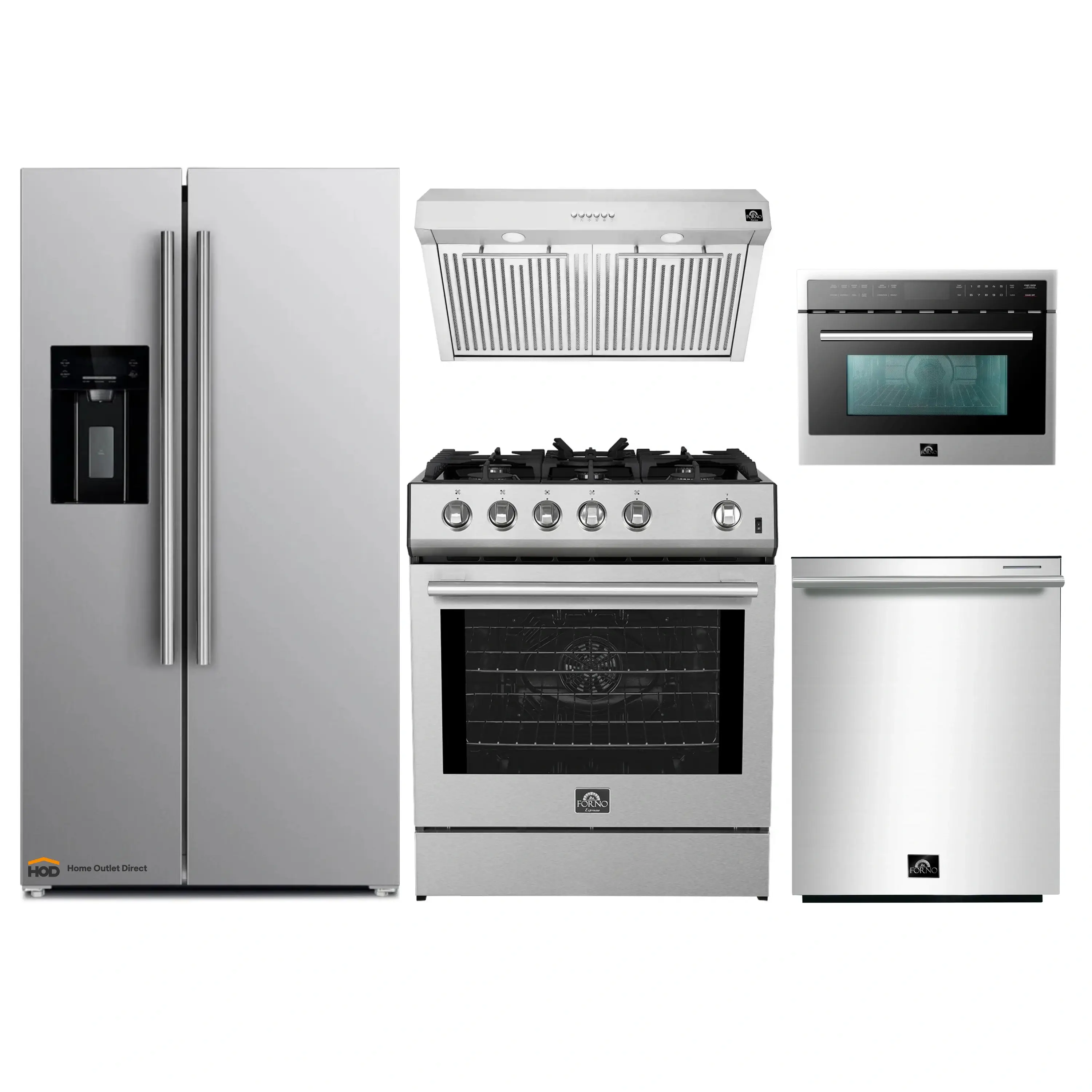 Forno 5-Piece Appliance Package - 30-Inch Gas Range, Under Cabinet Range Hood, Refrigerator with Water Dispenser, Dishwasher, and  24-Inch Microwave Oven in Stainless Steel