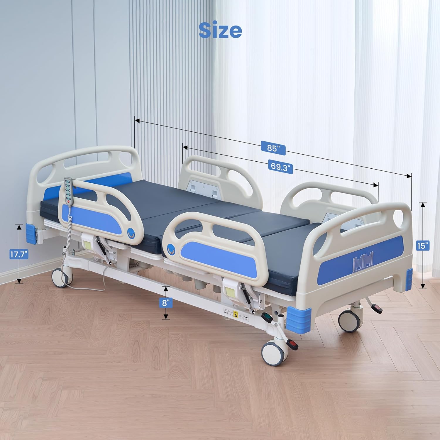 Careboda Premium 5 Function Full Electric Hospital Bed, Hospital Bed with PU Advanced Mattress, Quiet Wheels & IV Pole, ICU Electric Medical Bed with Core Motor, 85