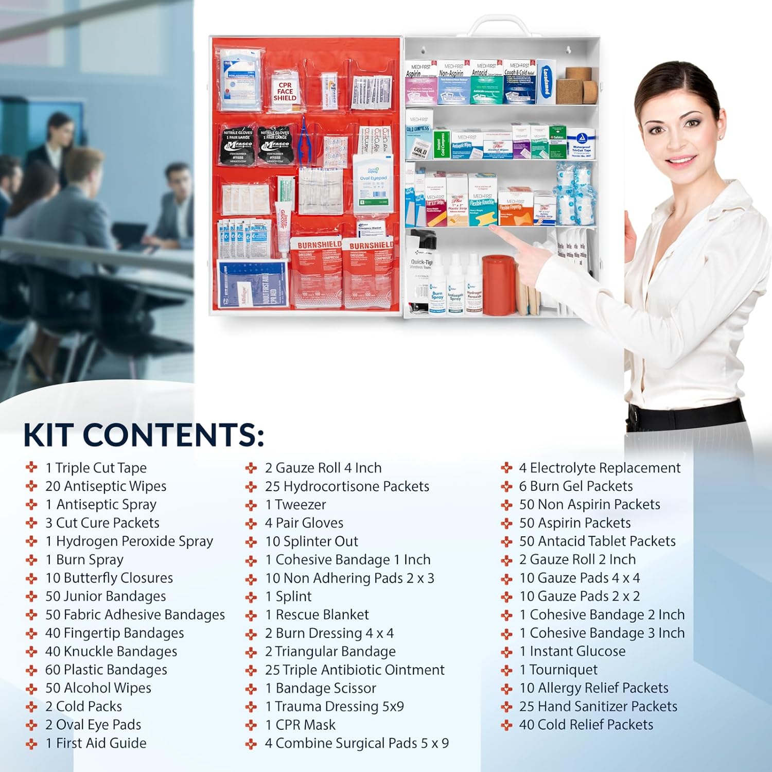 MFASCO Commercial Wall Mount 4 Shelf First Aid Kit - OSHA & ANSI Compliant, Refillable Metal First Aid Cabinet for Businesses, Large First Aid Kit Box for Office and Shop - No Label or Company Logo