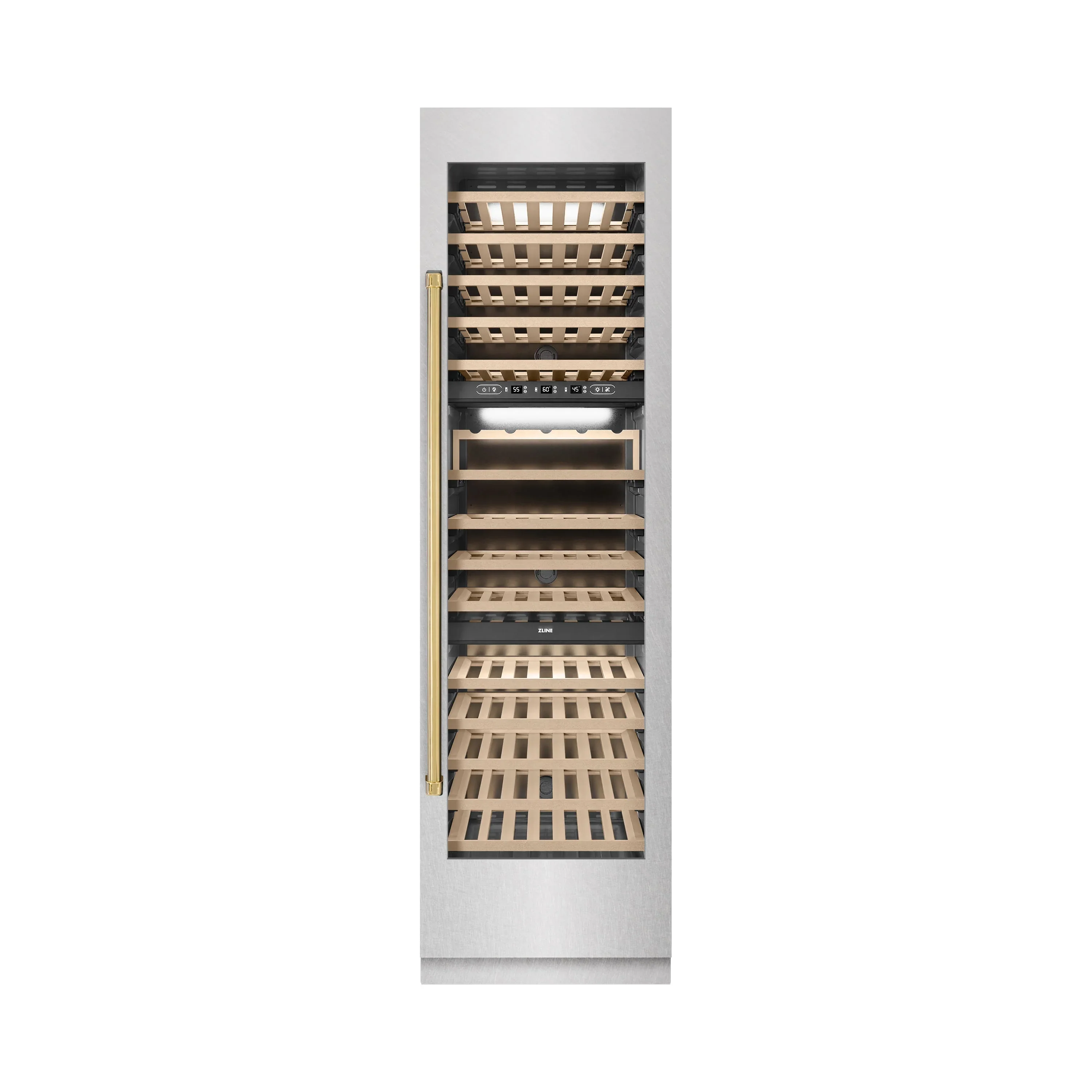 ZLINE Autograph Edition 24-Inch 12.4 Cu. Ft. Triple Zone 100 Bottle Column Wine Cooler in Satin Stainless Steel and Polished Gold Accents (RCWVZ-SN-24-G)