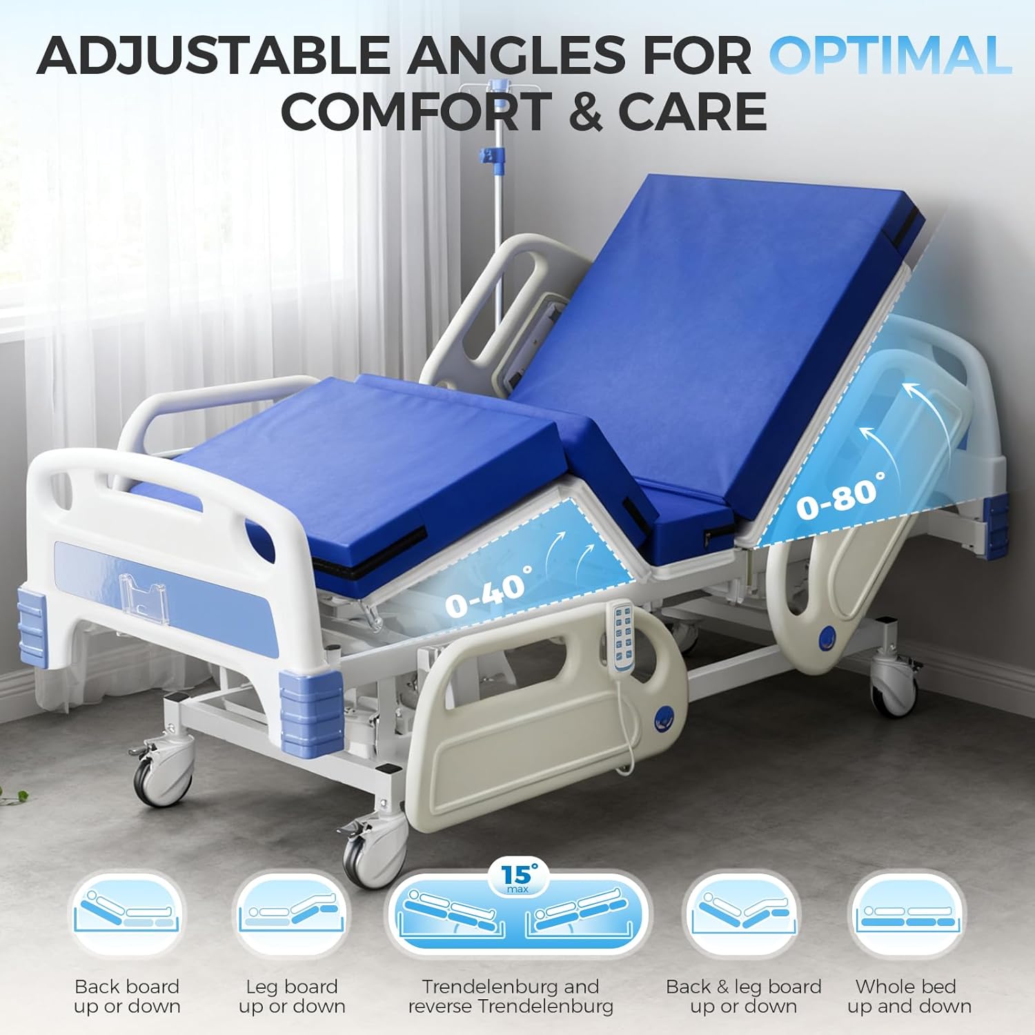 5 Function Full Electric Hospital Bed, 600LBS Adjustable Hospital Beds for Home Use, Medical Bed for Seniors with Mattress, IV Pole, Frame, Special Needs Beds, Medical Equipment